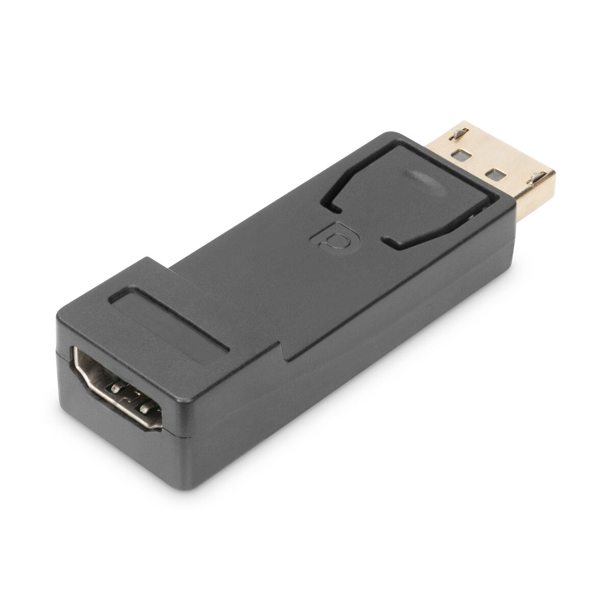 Czarny adapter z złączami HDMI i DisplayPort. Służy do konwersji między nimi.