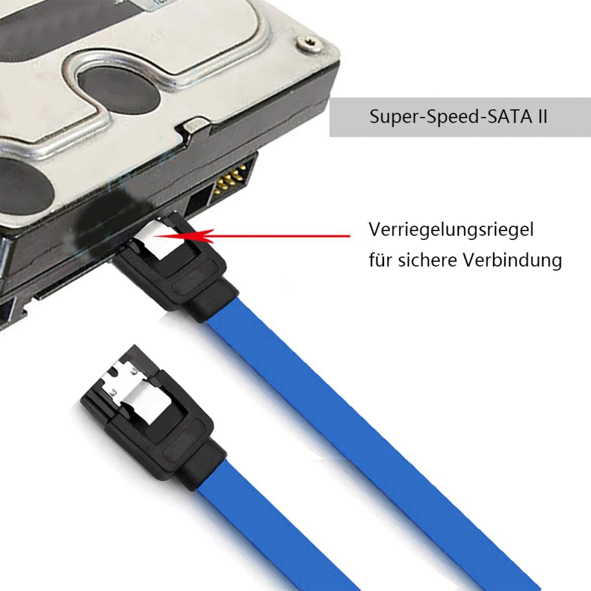 SATA-Kabel werden an eine Festplatte angeschlossen, beschriftet mit "Super-Speed SATA II".