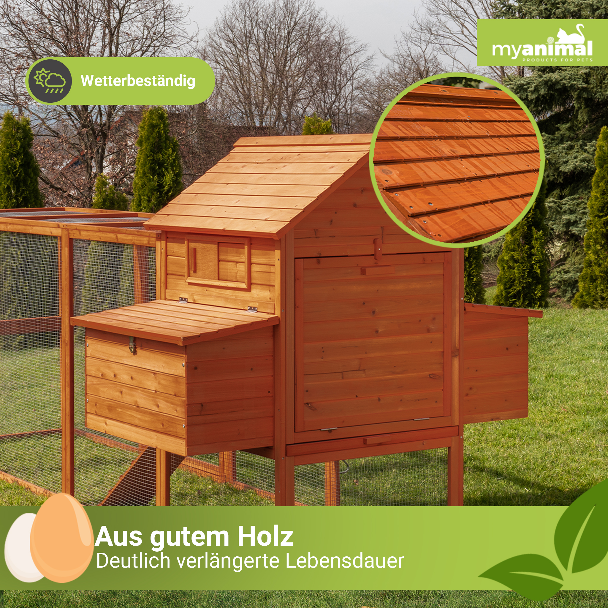 Ein Hühnerstall aus Holz mit einem Schild mit der Aufschrift 'myanimal'.