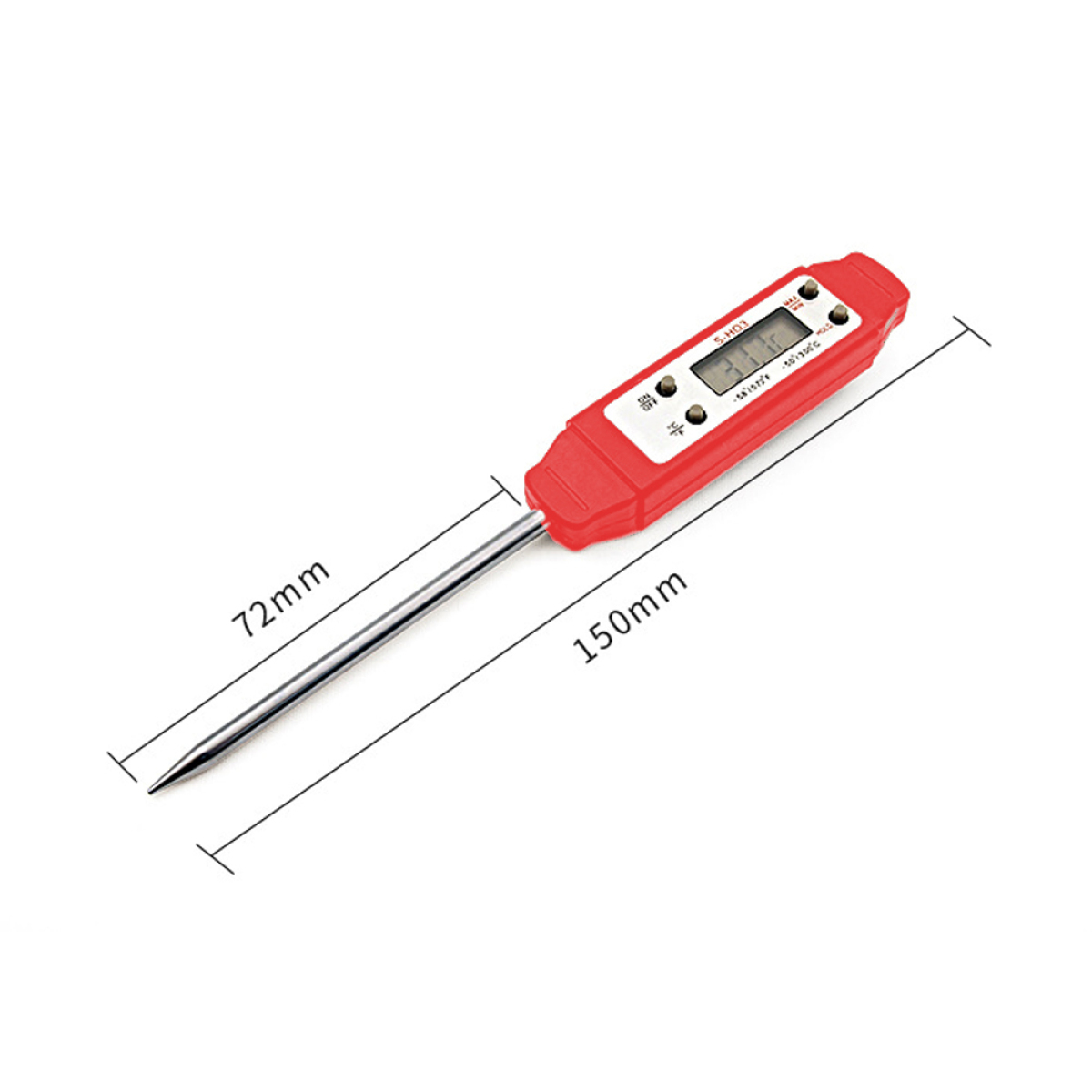 Ein rotes digitales Lebensmitteltemperaturmessgerät mit Edelstahlsonde, 150 mm lang.