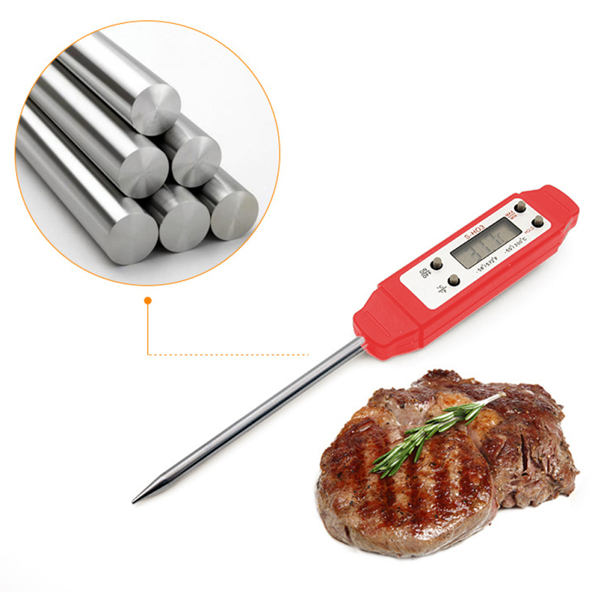 Rotes Fleischthermometer mit Steak und Metallstäben im Hintergrund.