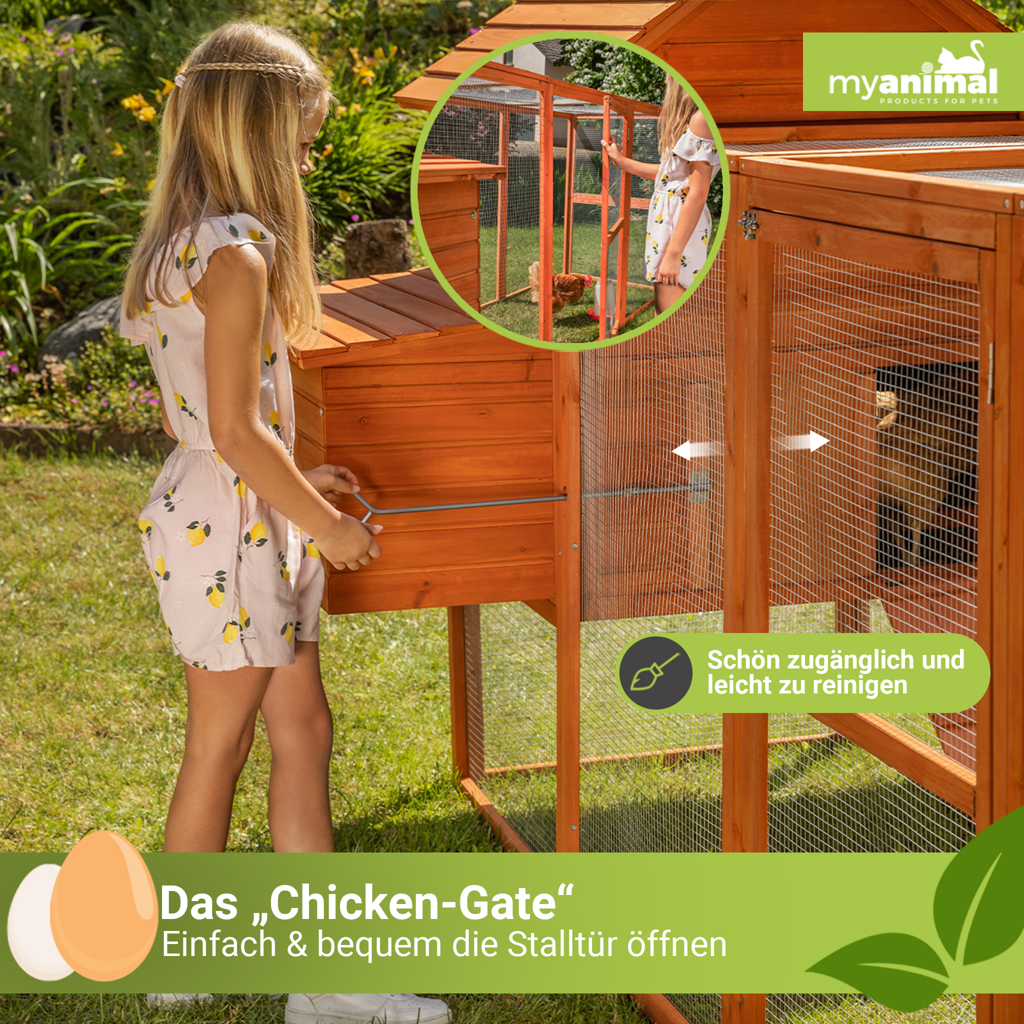 Ein Mädchen öffnet eine Hühnerstalltür, mit einem Huhn im Inneren. Der Stall ist aus Holz.
