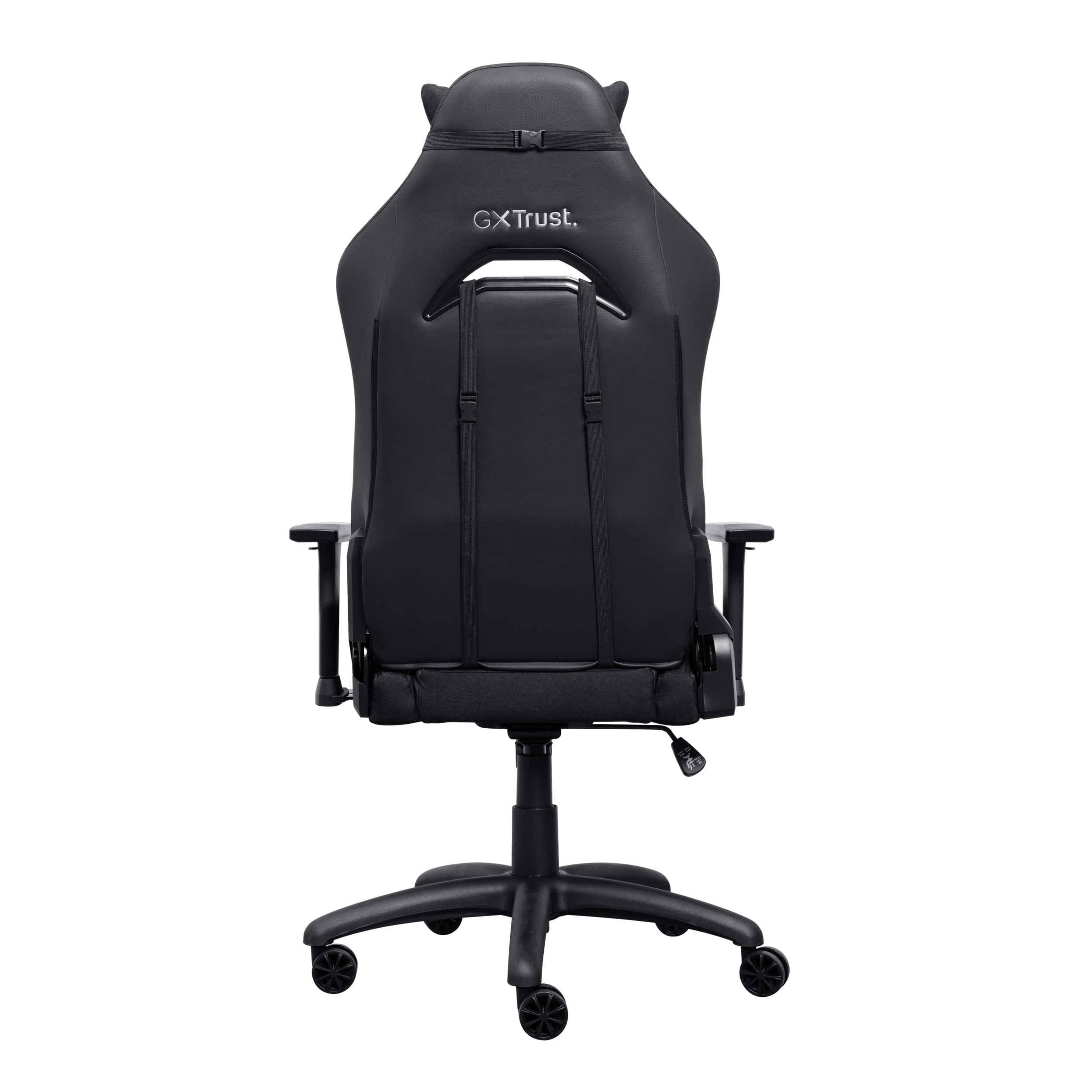 Czarny fotel gamingowy widziany z tyłu. Ma zagłówek i podstawę z kółkami.