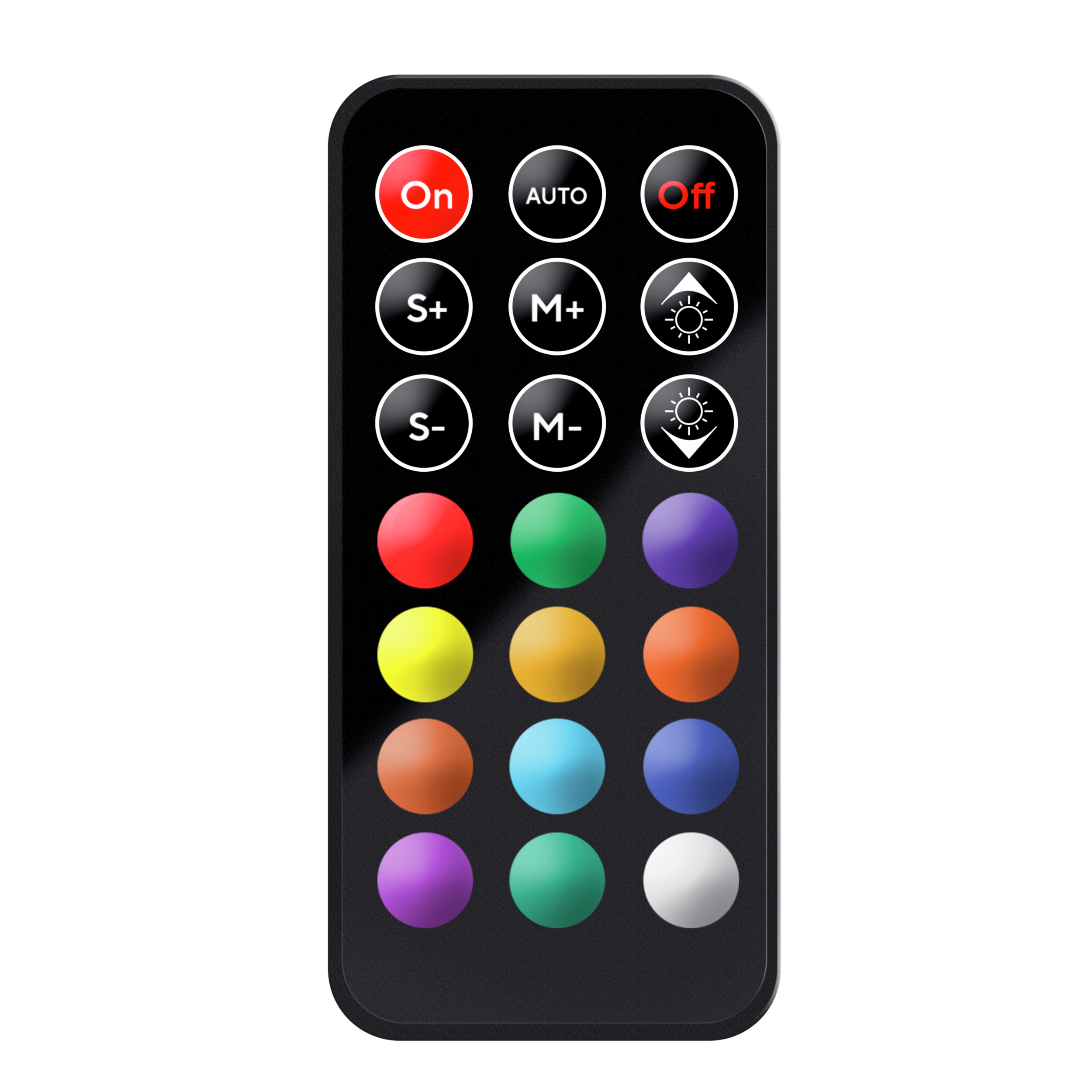 Czarny pilot z czerwonymi przyciskami On/Off, kolorowymi okrągłymi przyciskami i regulatorami jasności.