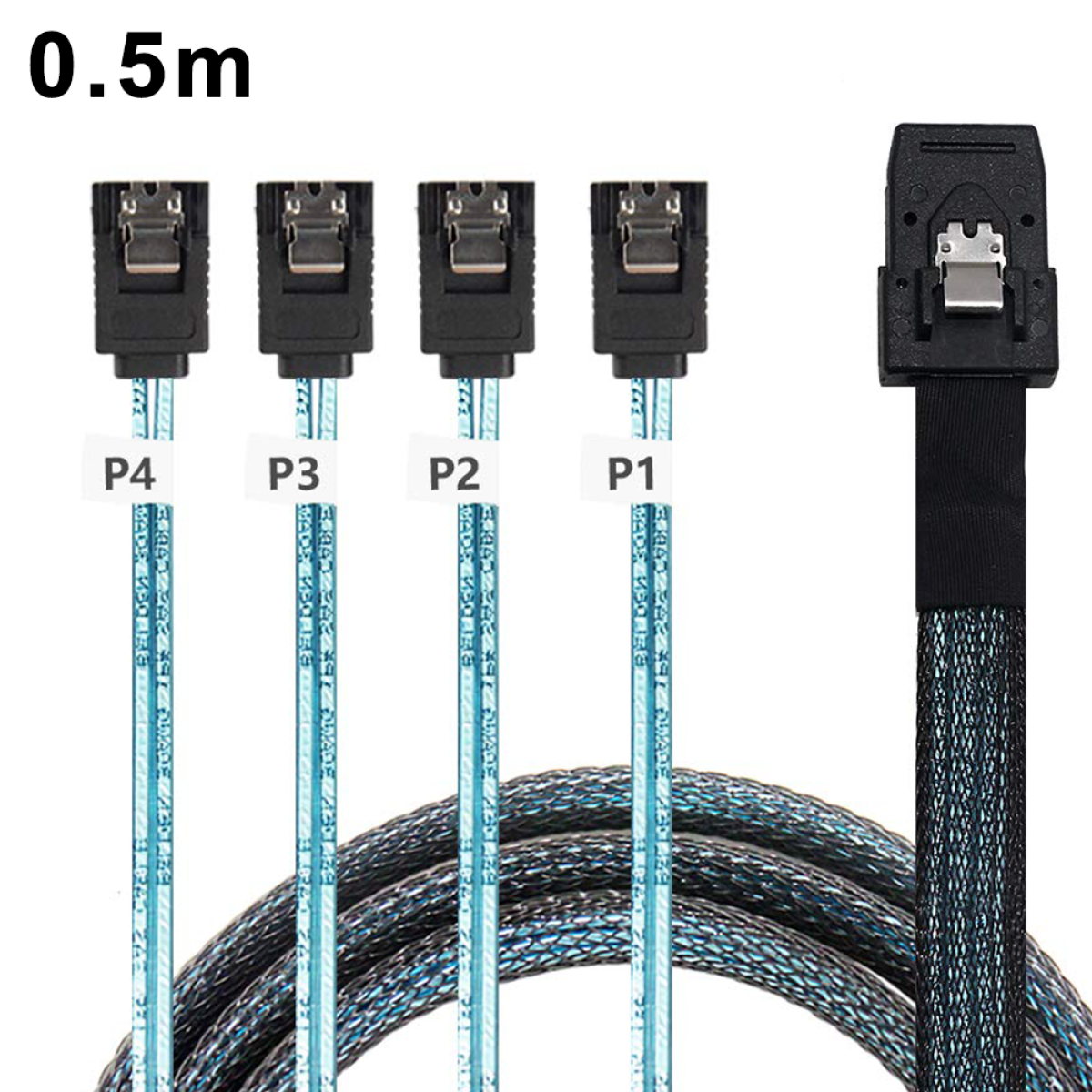 Fünf Kabel mit Steckern und den Bezeichnungen P1-P4, rechts ein schwarzer Stecker.