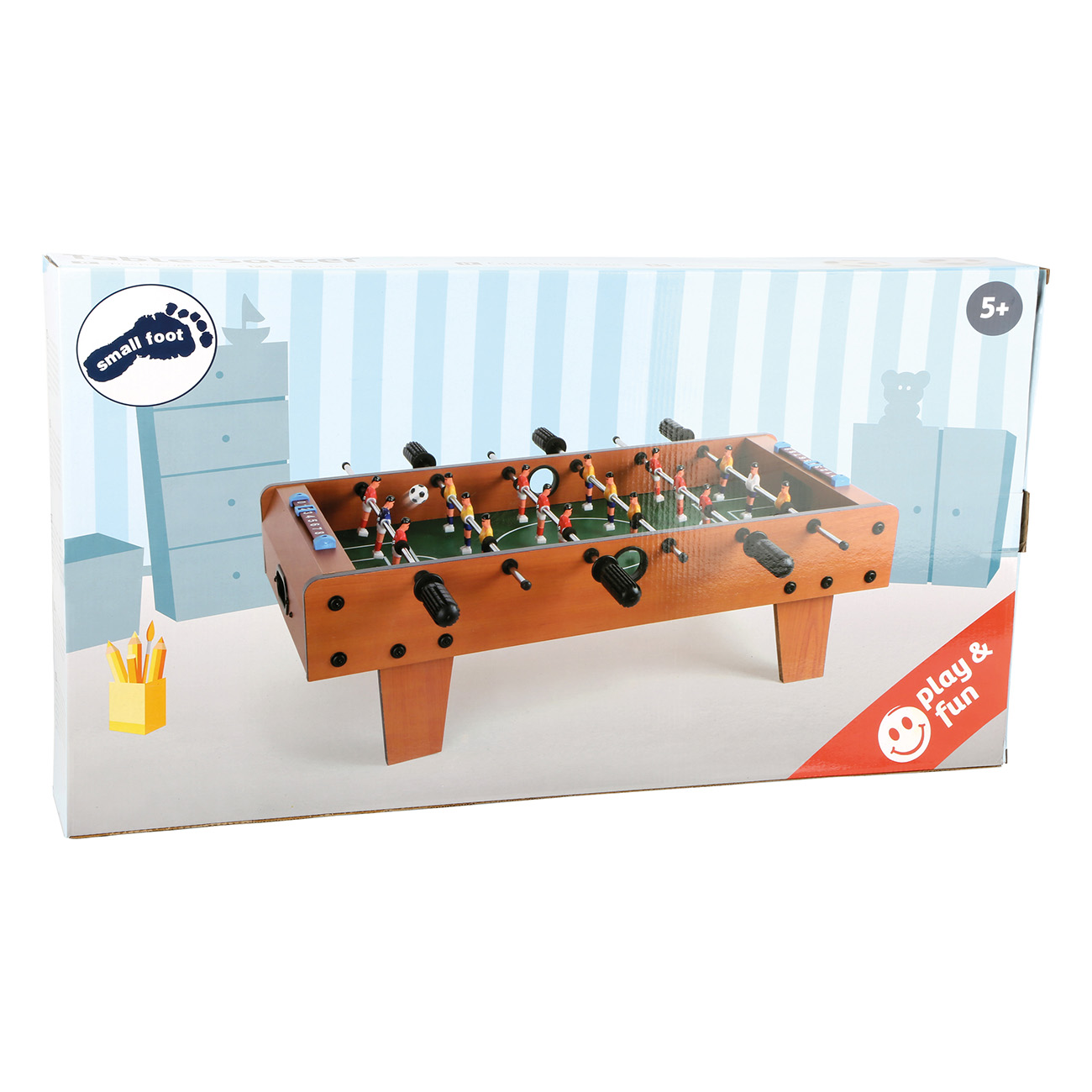 Tischfußball in einer Box, mit Holzoptik und Spielern, mit kleinem Fuß-Logo.