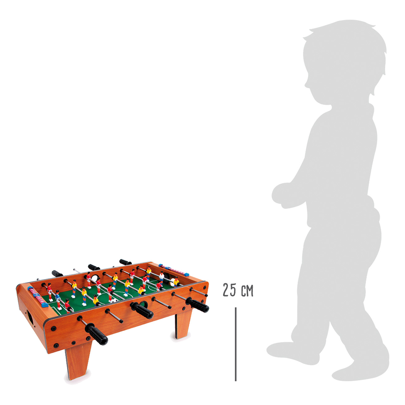 Ein Tischfußballtisch und eine Kindersilhouette, der Tisch ist 25 cm hoch.