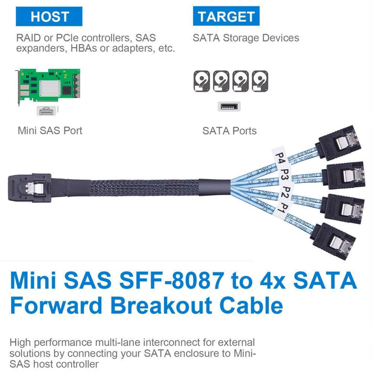 Diagramm, das Mini-SAS-zu-4x-SATA-Forward-Breakout-Kabelkomponenten zeigt: Host, Ziel und Ports.