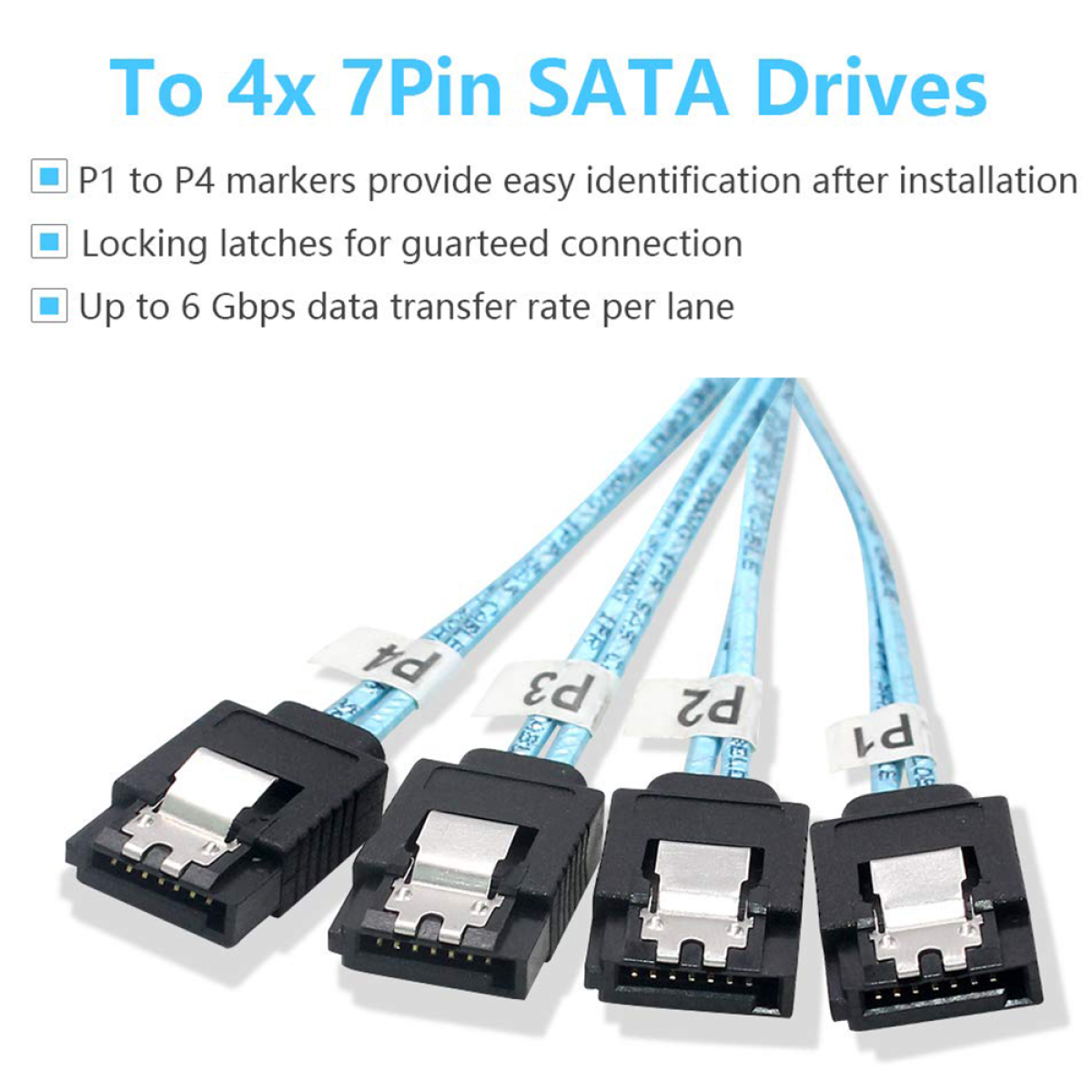 Blaue SATA-Kabel mit schwarzen Steckern und weißen Etiketten.