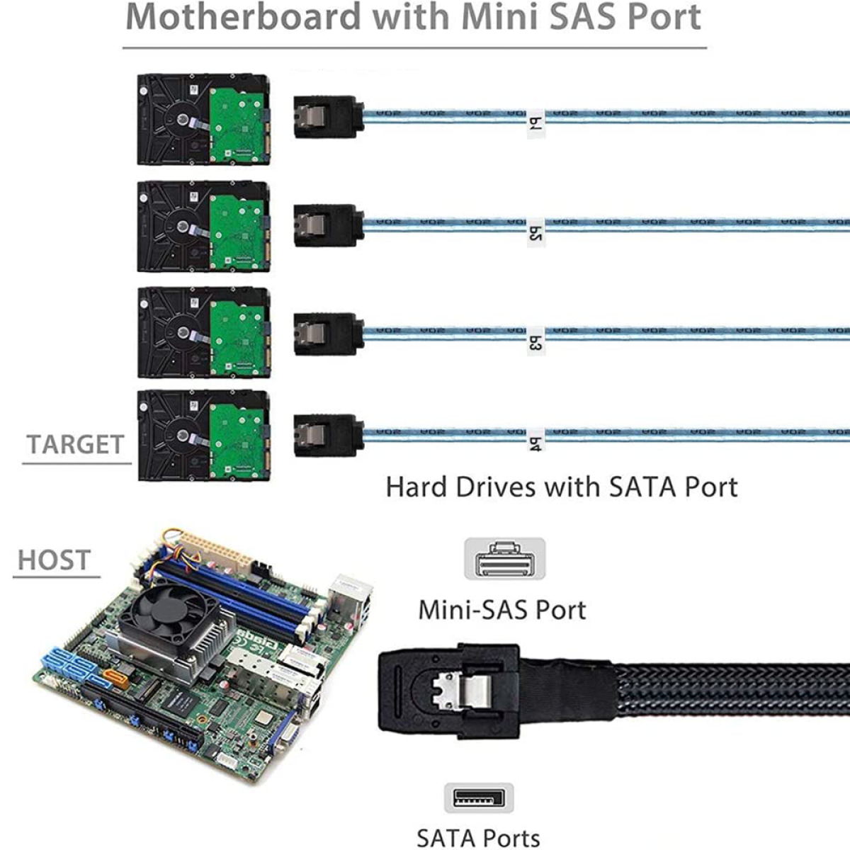 Diagramm, das ein Motherboard mit Festplatten zeigt, die über SATA- und Mini-SAS-Anschlüsse verbunden sind.
