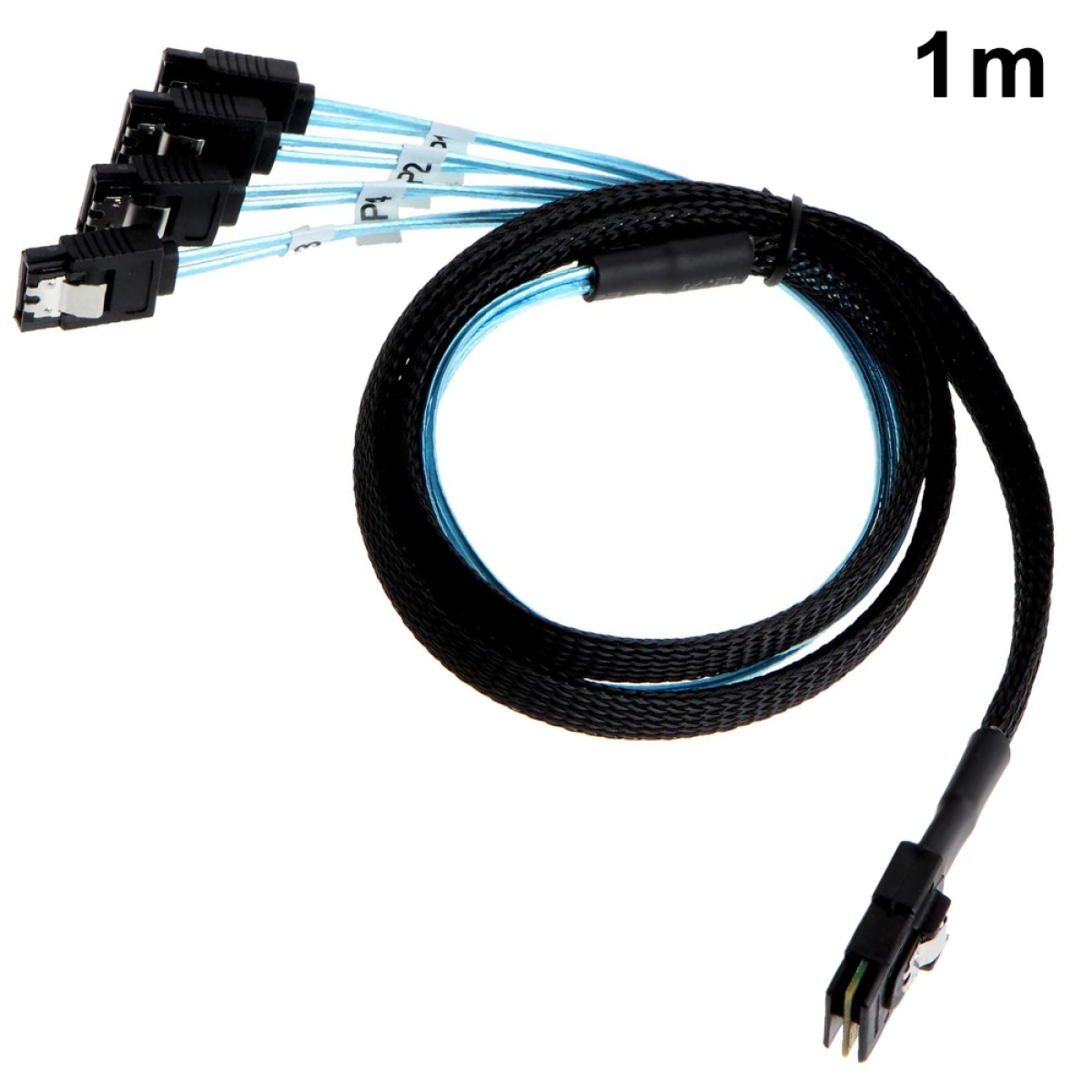 Schwarze SATA-Kabel mit blauen Akzenten. Weißer Hintergrund. 1m-Etikett.