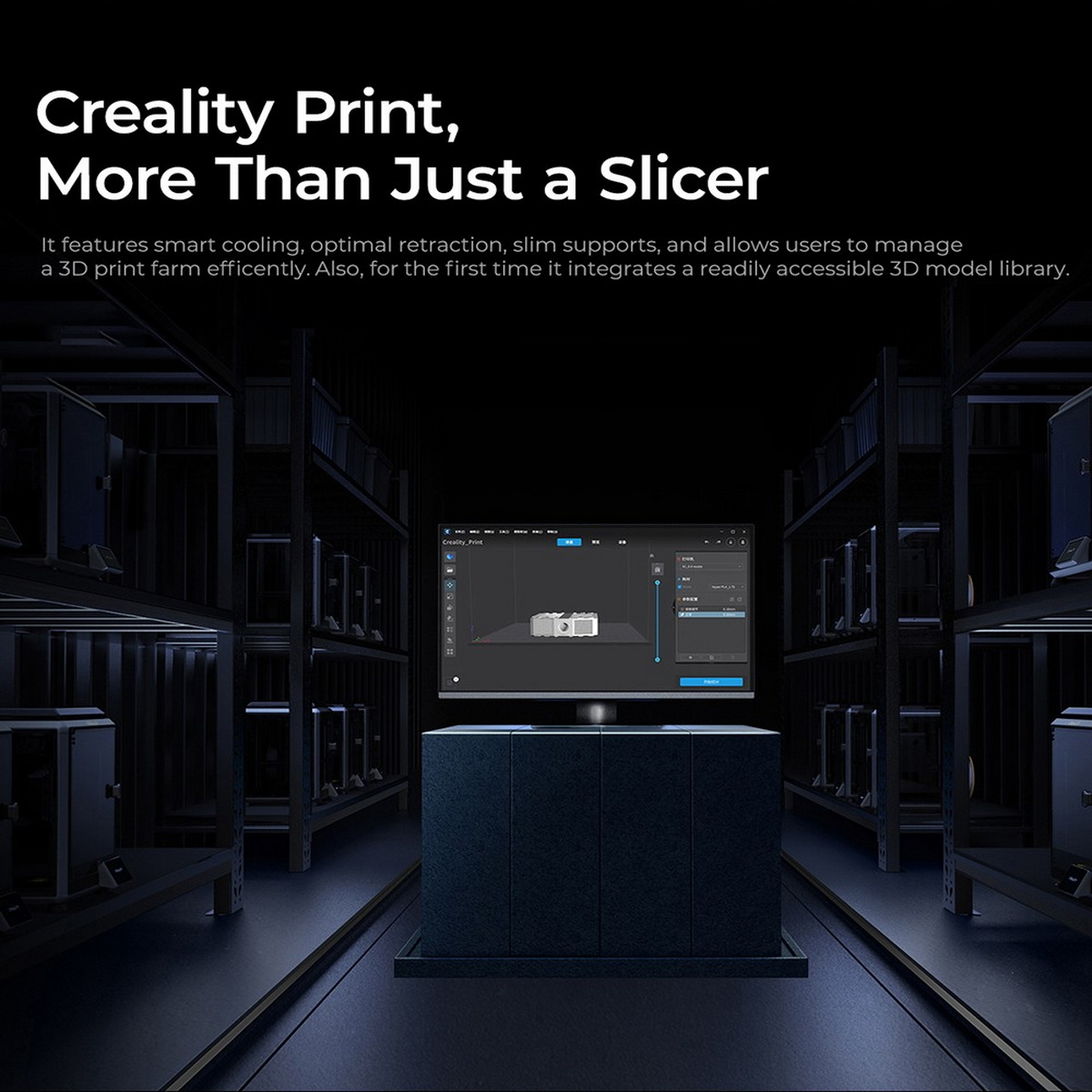 Eine 3D-Drucker-Oberfläche auf einem Bildschirm. Im Hintergrund befindet sich eine 3D-Druckfarm mit dem Text 'Creality Print'.