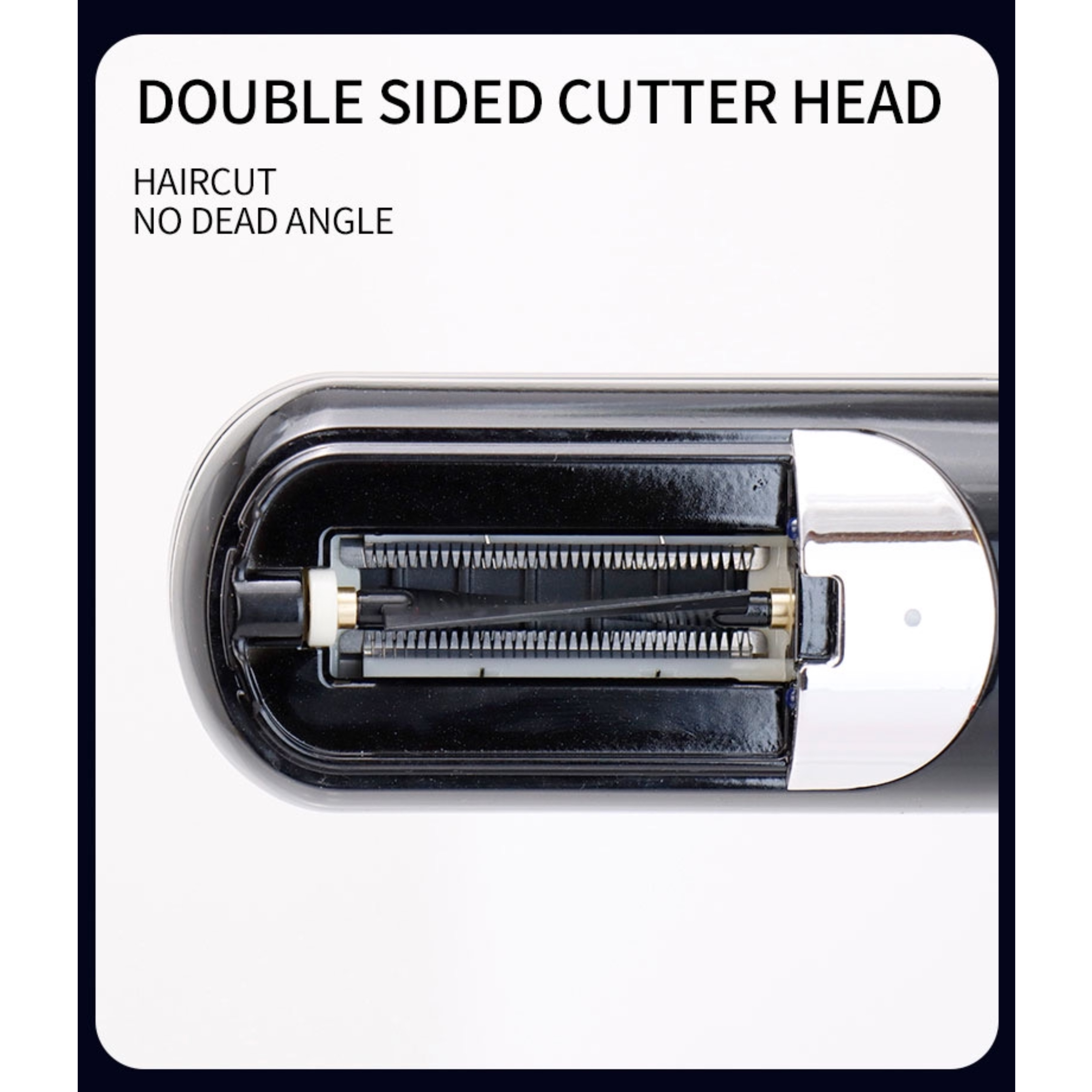 Czarna i srebrna głowica trymera. Pokazuje wewnętrzne ostrza i głowicę tnącą.