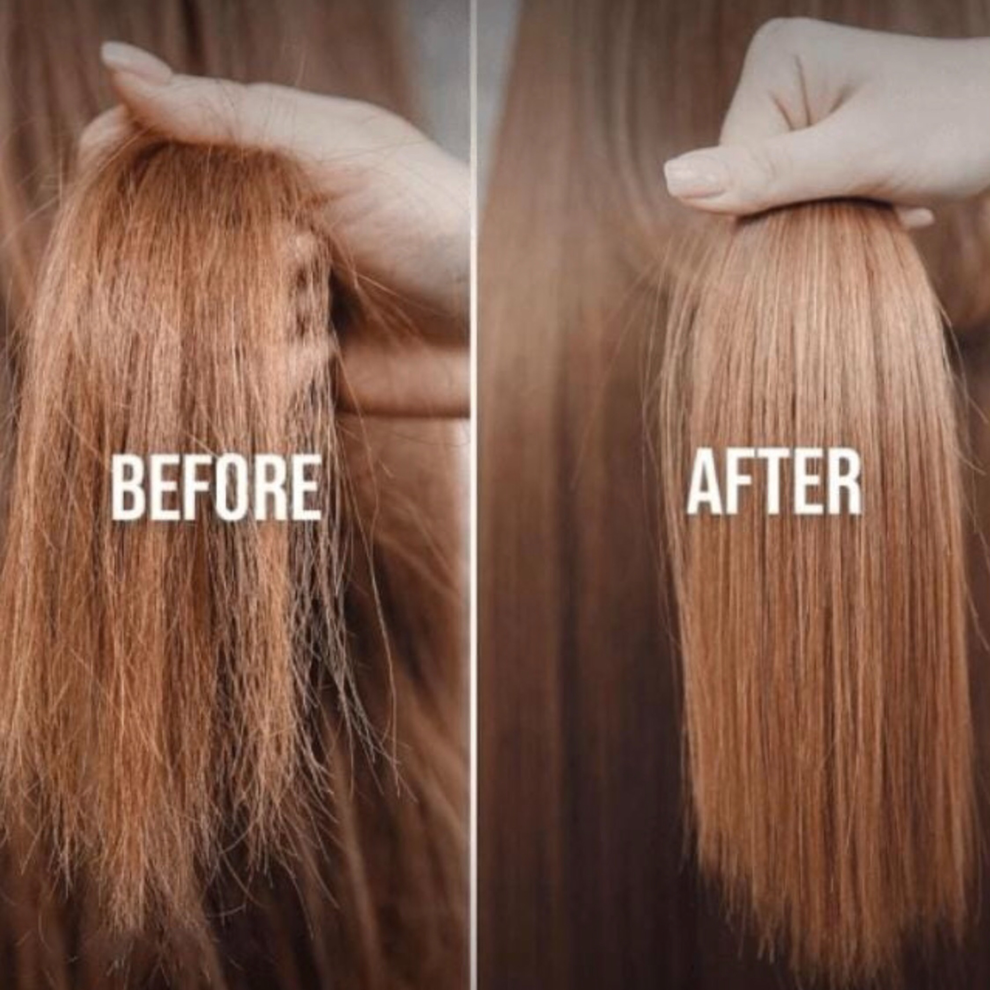 Podzielony obraz: zniszczone włosy 'PRZED' i gładkie włosy 'PO' w dłoniach.