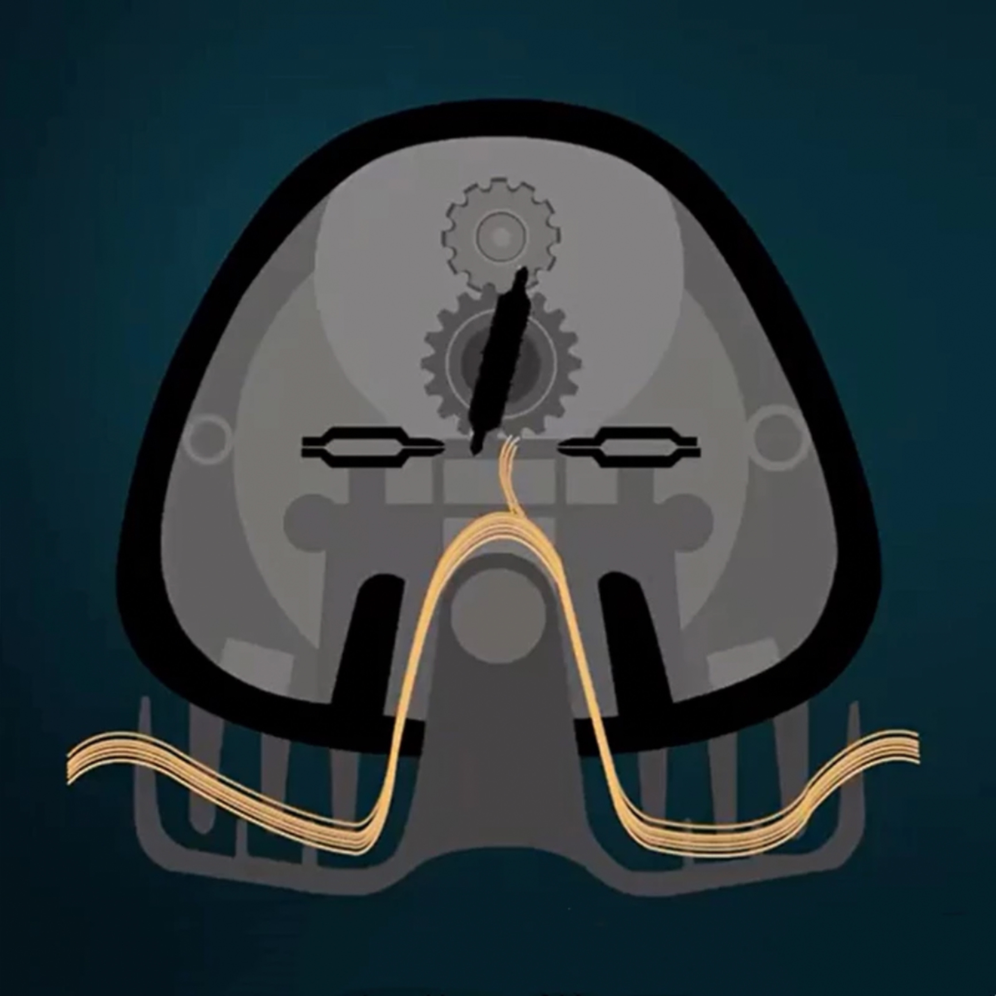 Ilustracja anatomiczna pokazująca koła zębate i przewody wewnątrz urządzenia. Niebieskie tło.