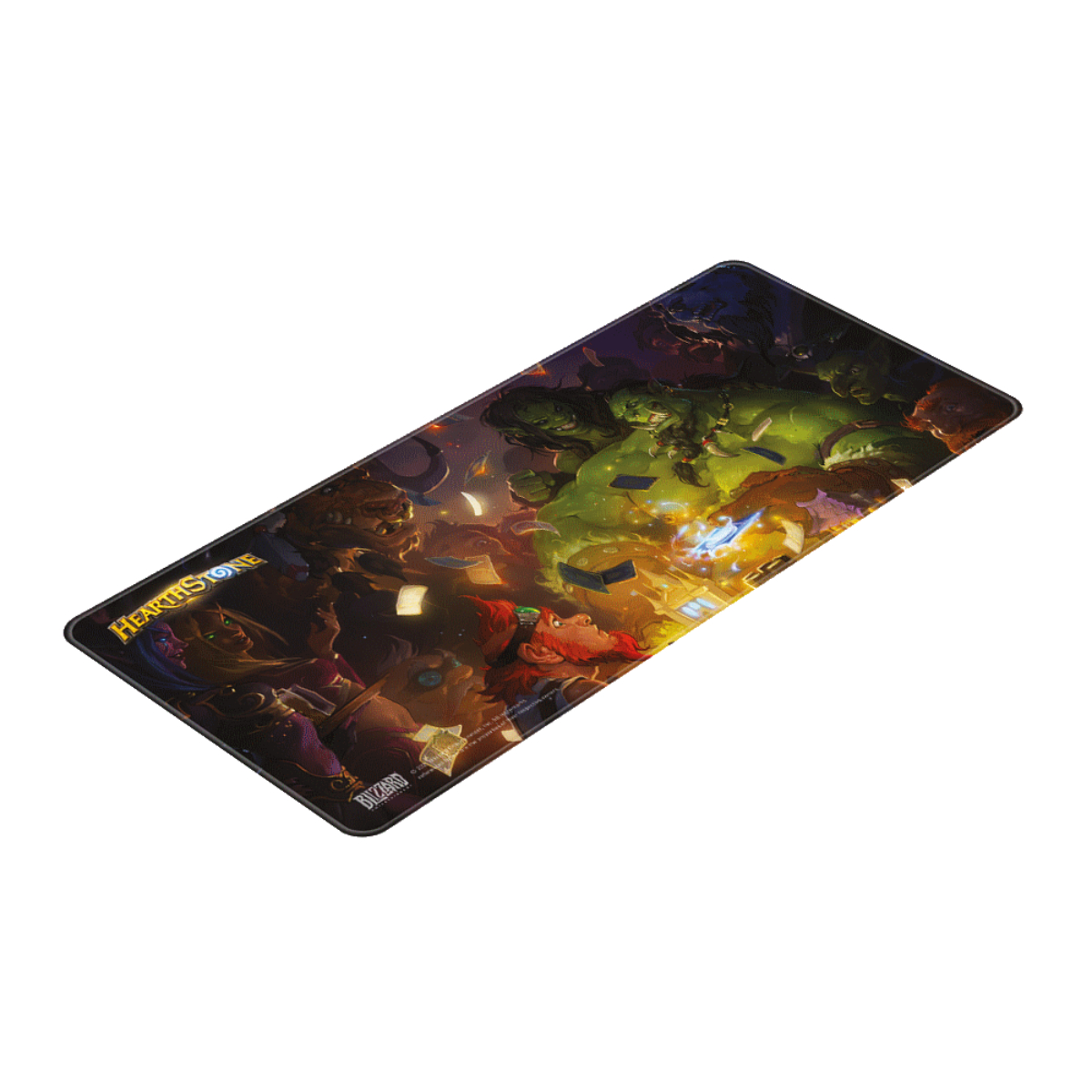 Tappetino per mouse con grafica di Hearthstone. L'artwork mostra creature fantasy e un'interfaccia di gioco.