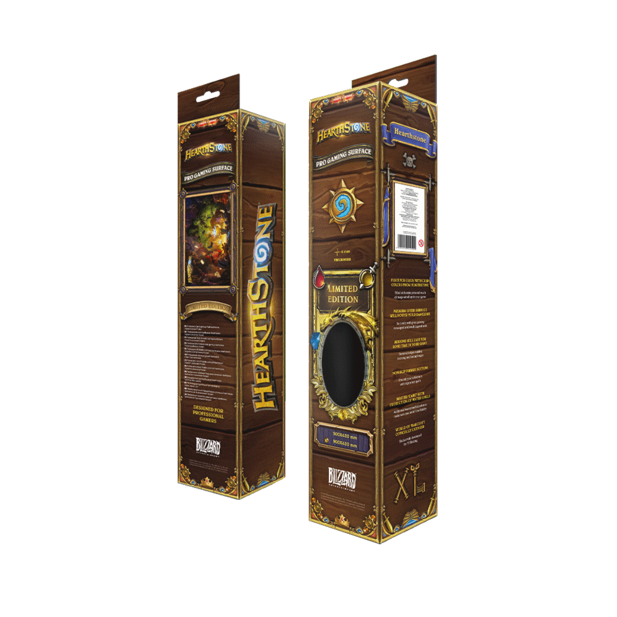 Due scatole di gioco Hearthstone con design in legno decorativo.
