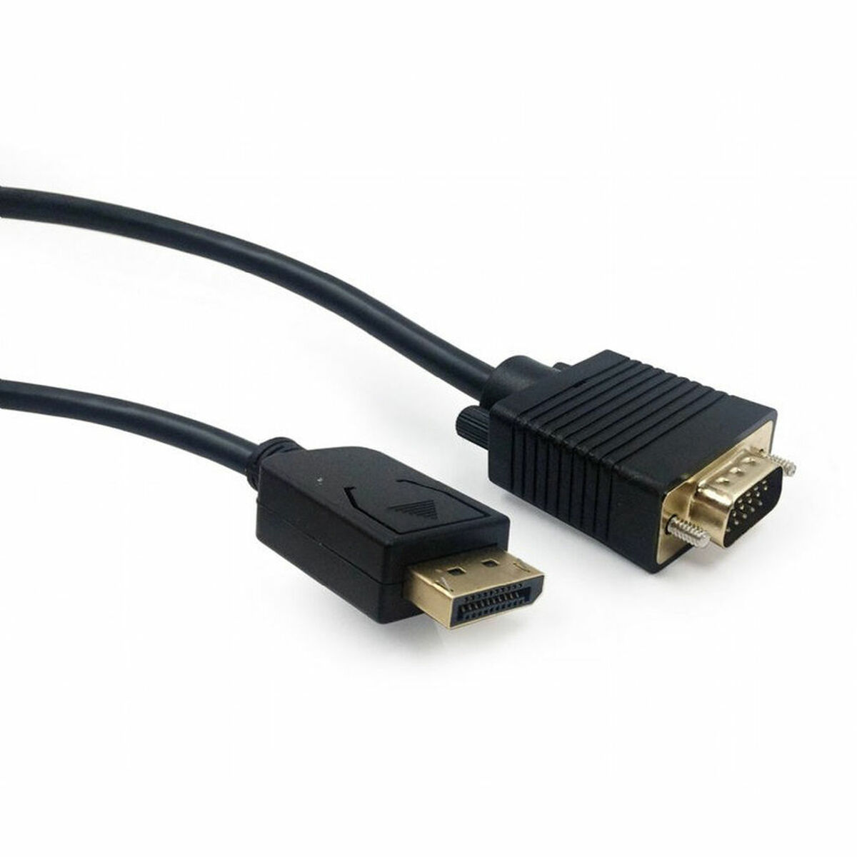 Ein schwarzes Kabel mit zwei verschiedenen Anschlüssen: DisplayPort und VGA.