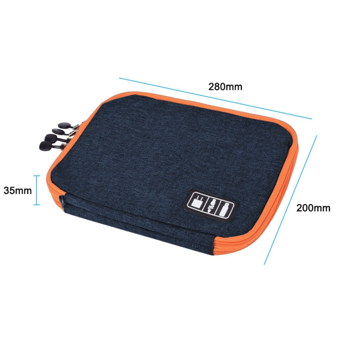 Blaue und orange Tech-Organizer-Tasche mit Reißverschluss und Maßangaben.