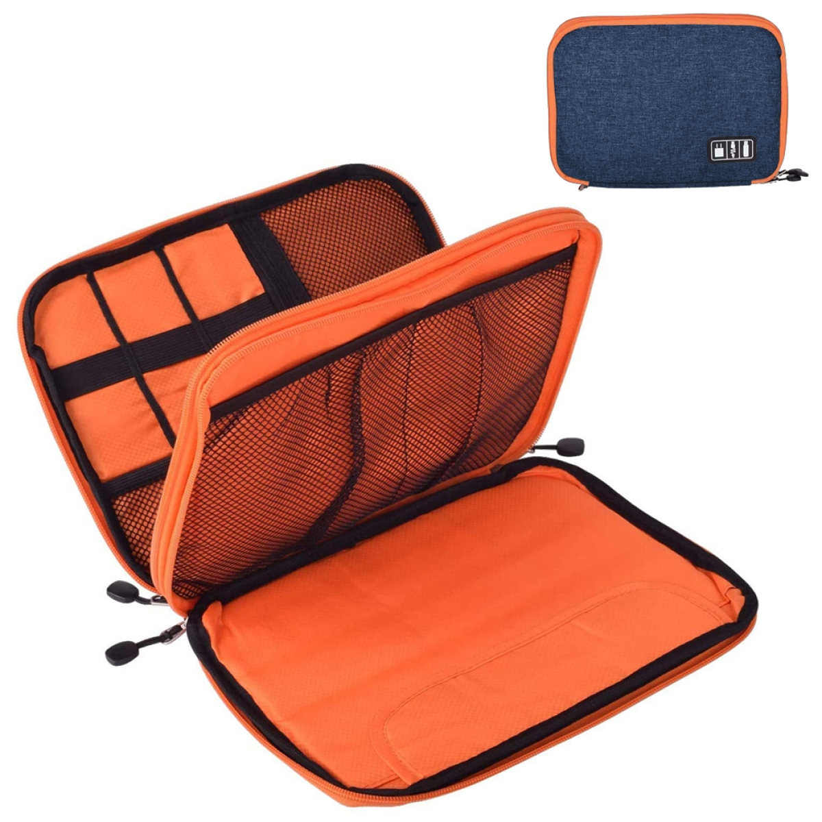 Eine blau-orange Organizer-Tasche, mit offenem Deckel, der Fächer zeigt.