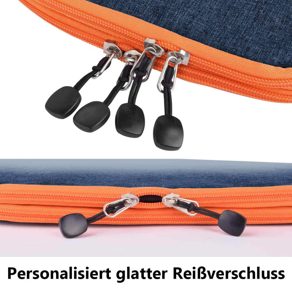 Nahaufnahme eines Reißverschlusses an einer Tasche. Der Reißverschluss hat schwarze Zuglaschen.