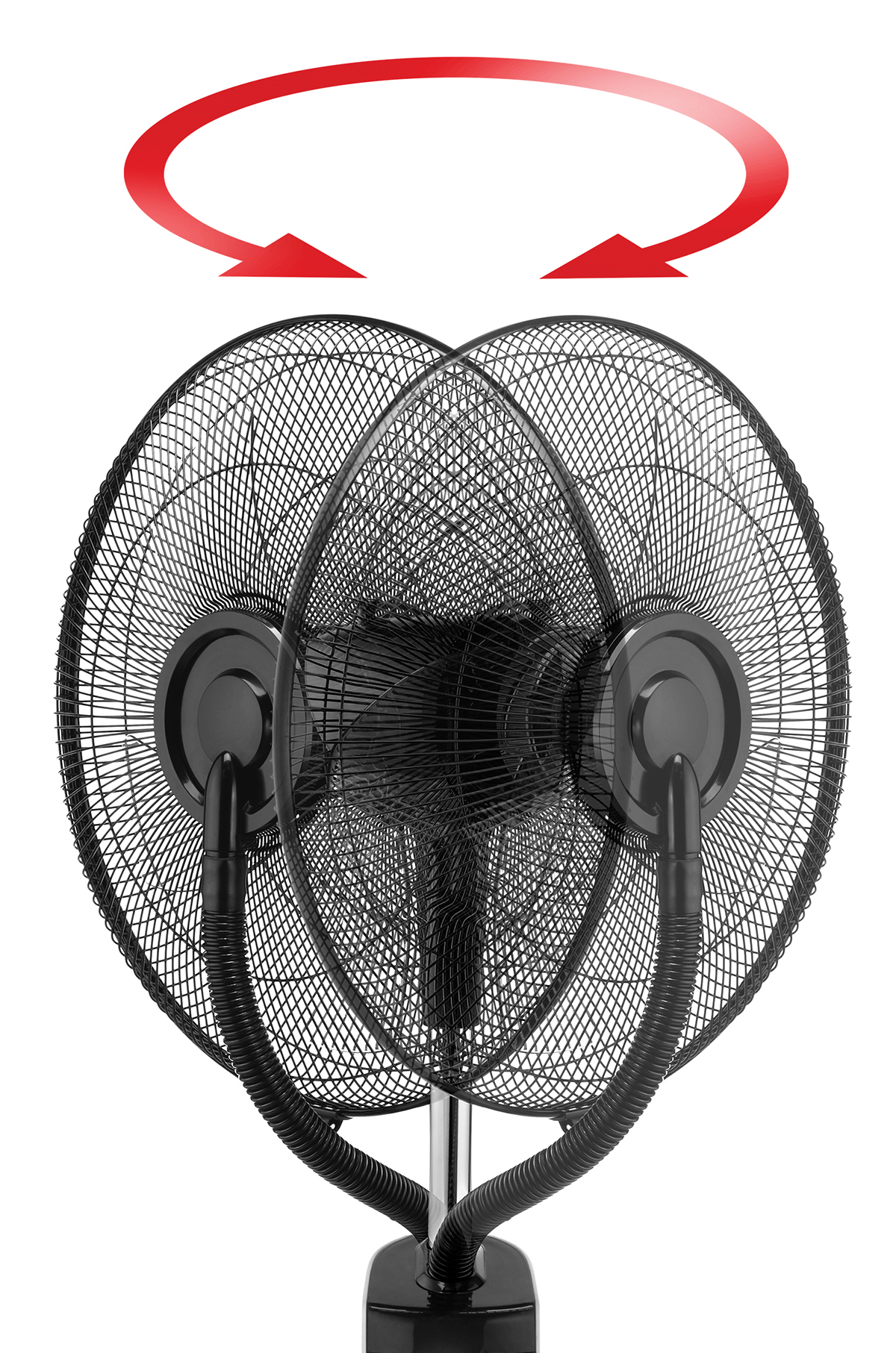 Zweiflügeliger schwarzer Ventilator. Rote Pfeile oben zeigen die Drehrichtung an. Weißer Hintergrund.