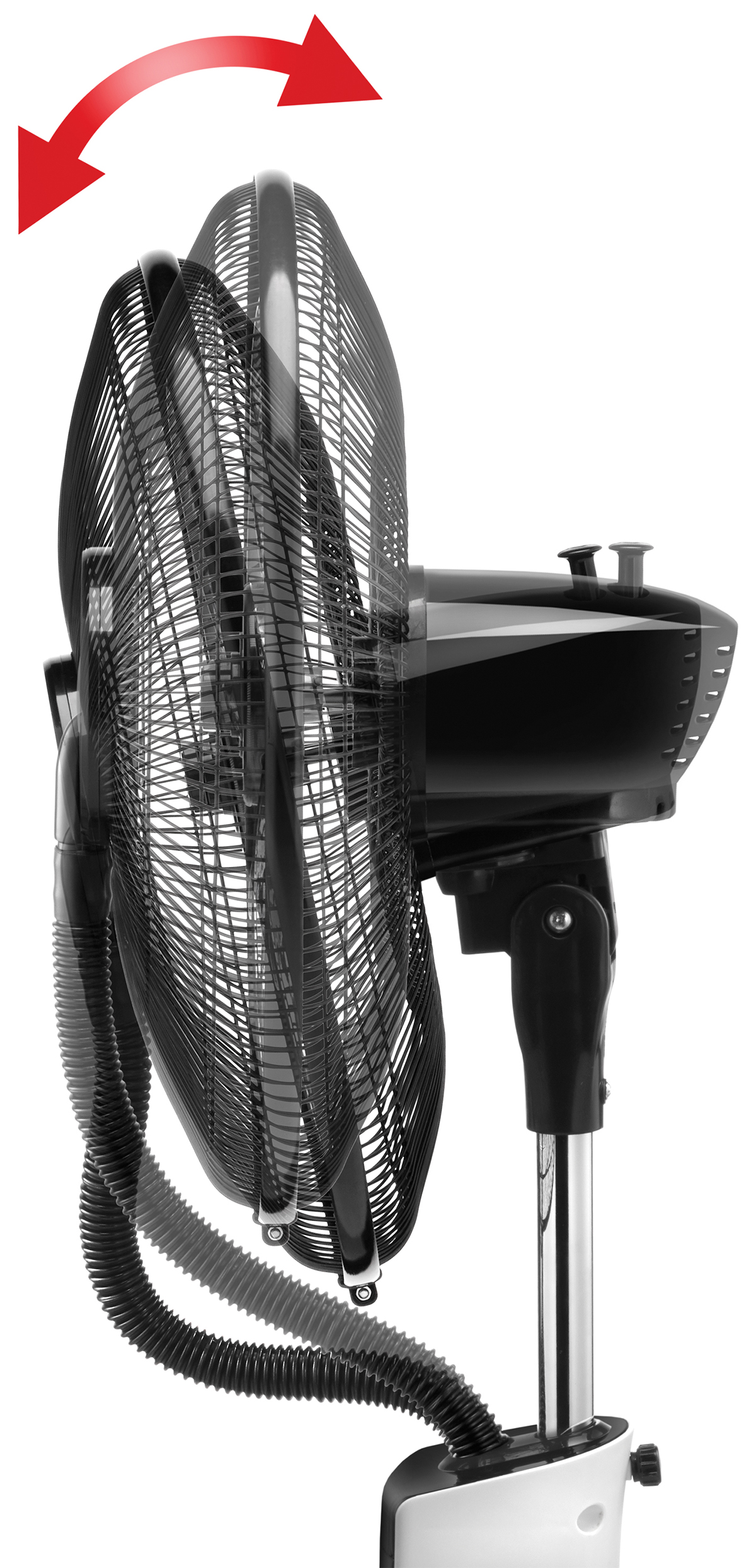 Ein schwarzer oszillierender Ventilator auf weißem Hintergrund. Ein roter Pfeil zeigt die Drehbewegung des Ventilators.