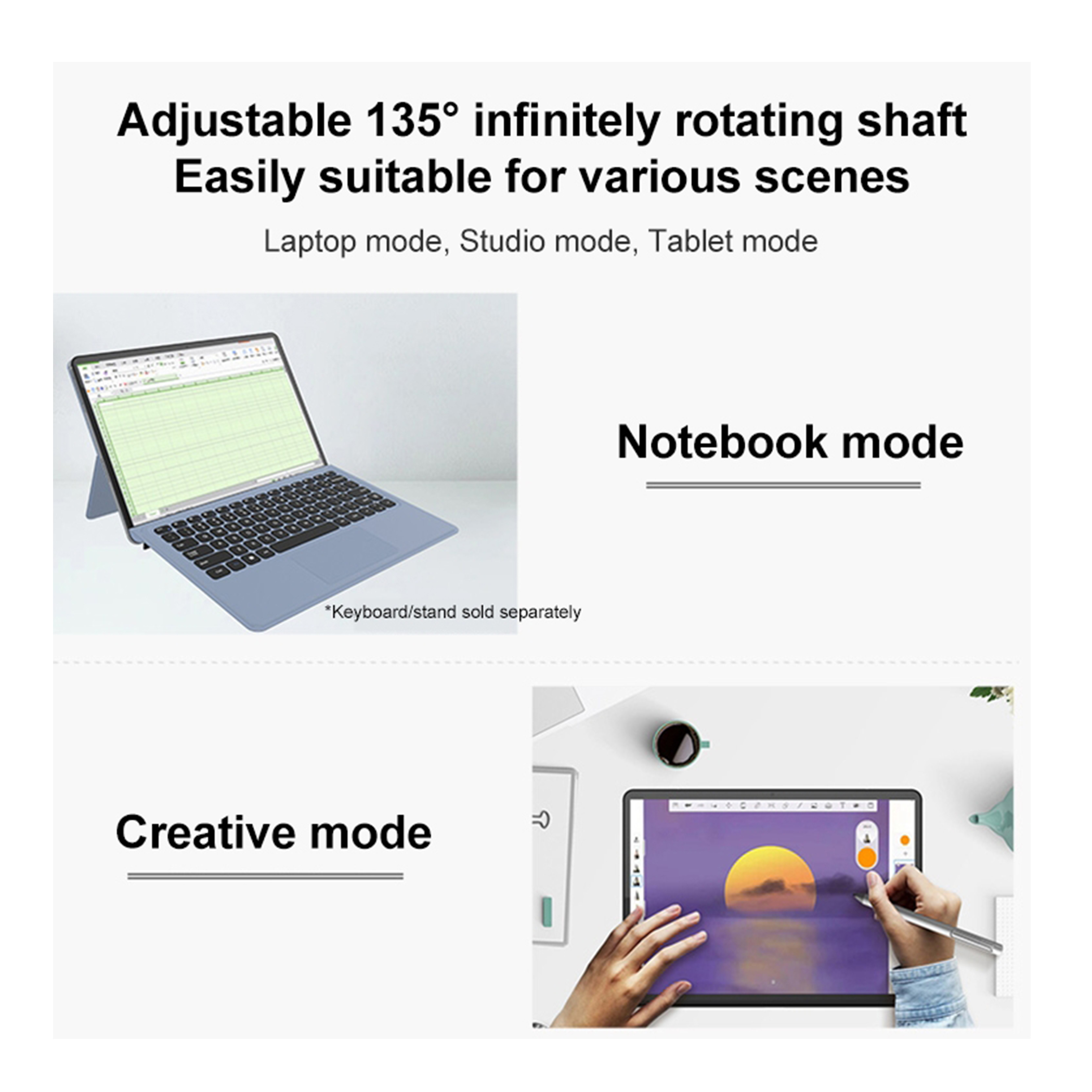 Laptop w wielu trybach: notatnik, studio i tablet, pokazany na białym tle.