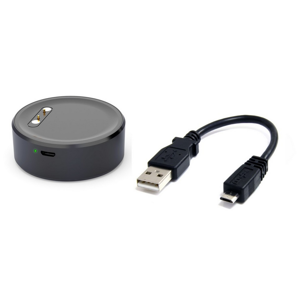 Kleines schwarzes Ladegerät und ein schwarzes USB-zu-Micro-USB-Kabel. Weißer Hintergrund.