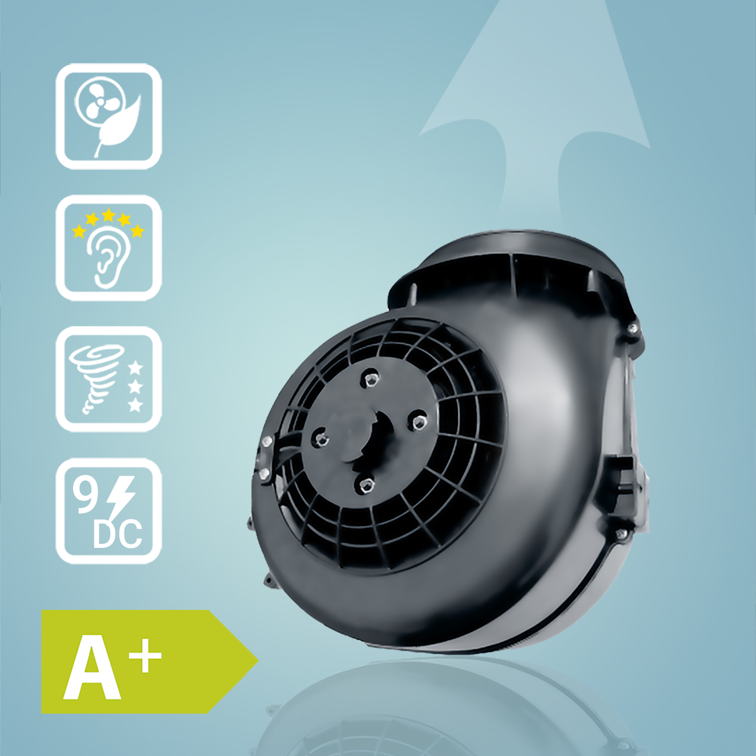Eine schwarze Lüfterkomponente mit Symbolen von Lüfter, Sternen, Ohr und Tornado mit A+ Bewertung.