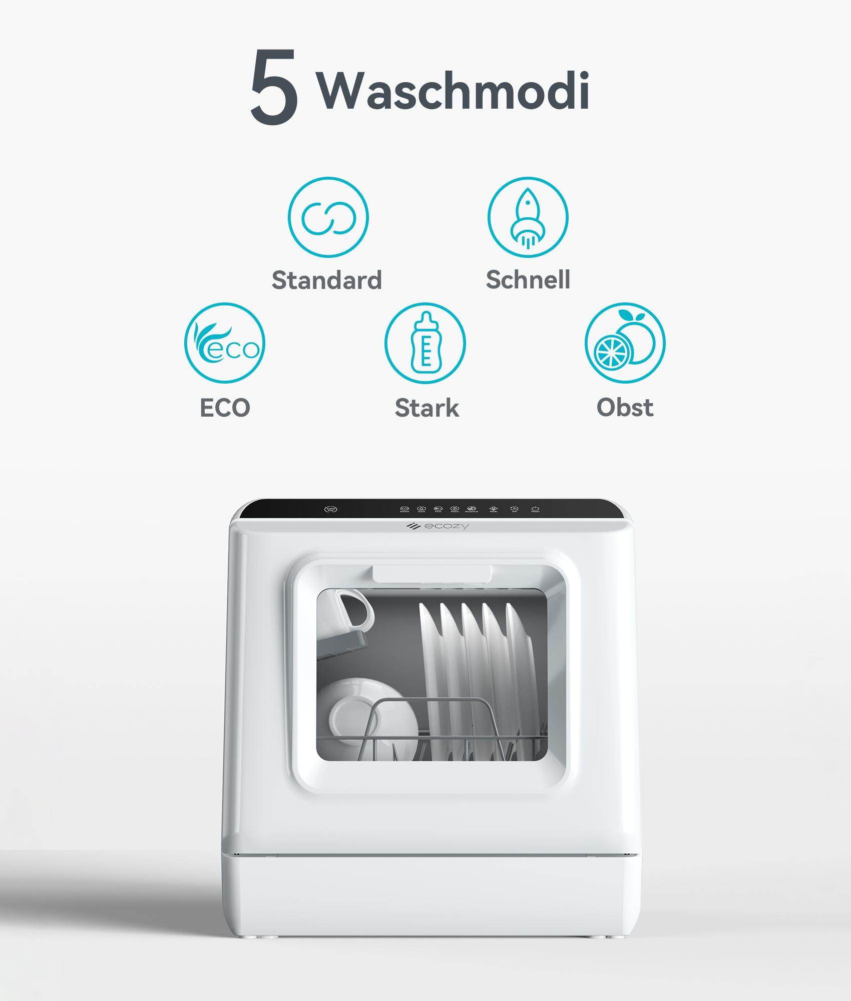 Ein weißer Geschirrspüler mit 5 Waschmodi-Symbolen darüber: Standard, Schnell, ECO, Stark und Obst.