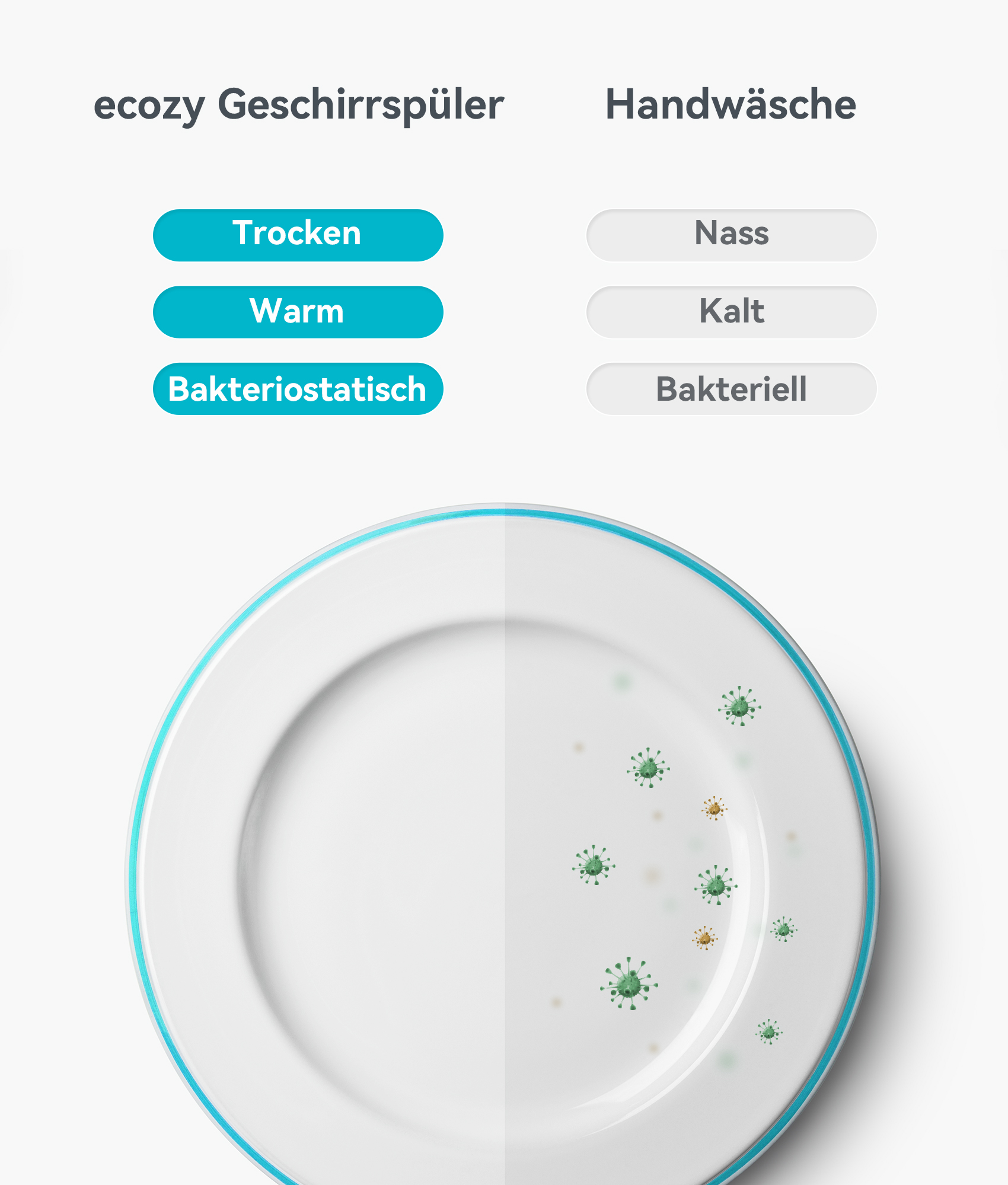 Ein Teller, der einen Vergleich von ecozy Geschirrspüler vs. Handwäsche zeigt. Trocken, warm und bakteriostatisch vs. nass, kalt und bakteriell.