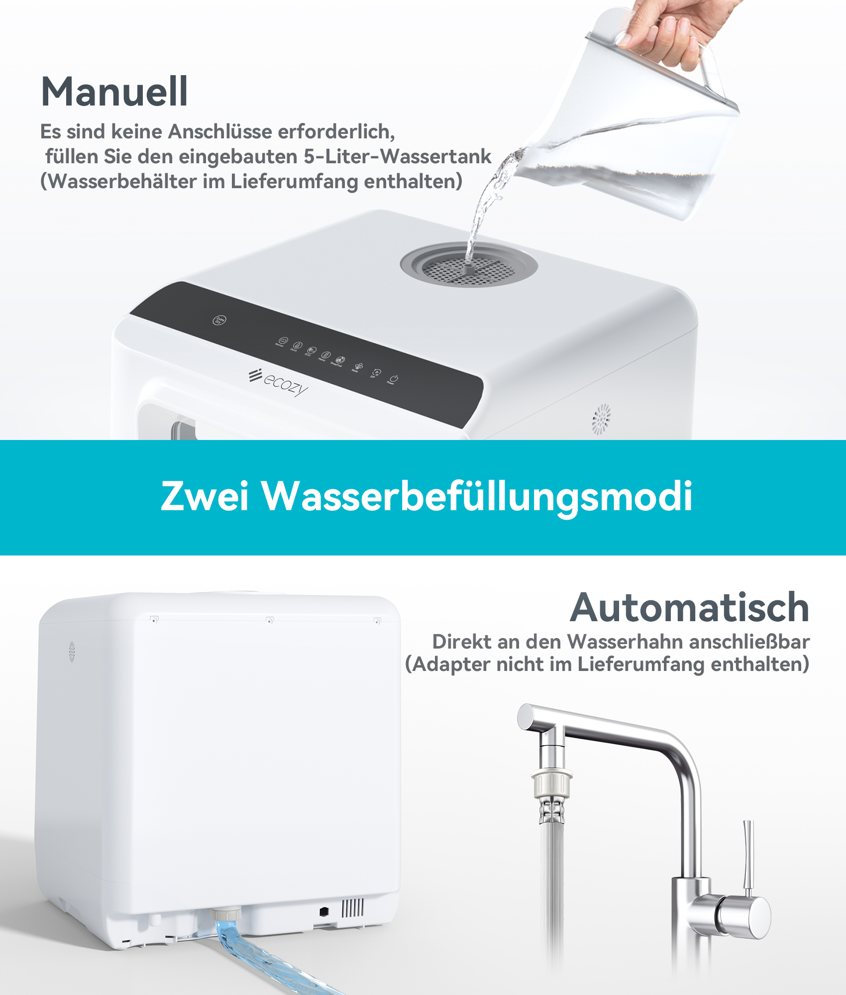 Diagramm, das zwei Möglichkeiten zum Befüllen eines Wassertanks für ein weißes Gerät zeigt.