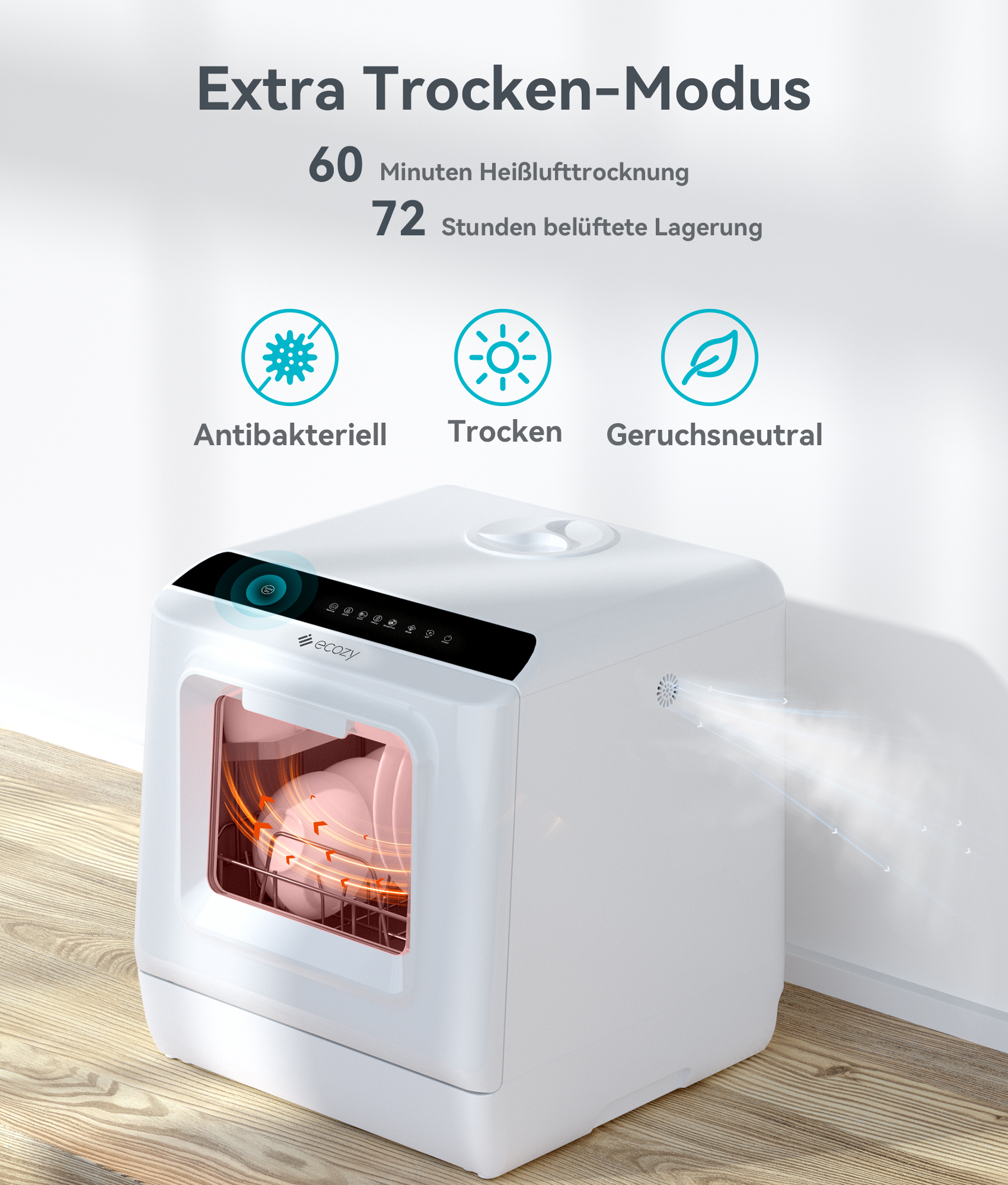 Weißer Mini-Geschirrspüler mit Digitalanzeige. Dampf kommt aus der Maschine.
