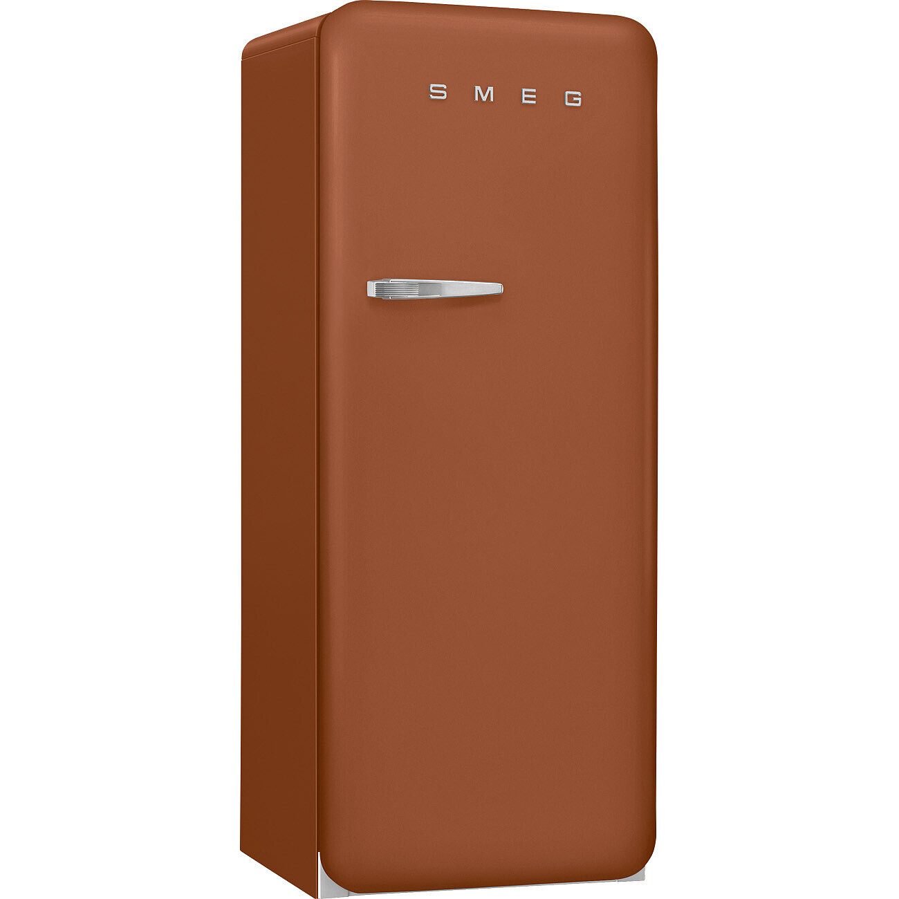 Un frigorifero SMEG marrone. Ha una maniglia e il logo SMEG.