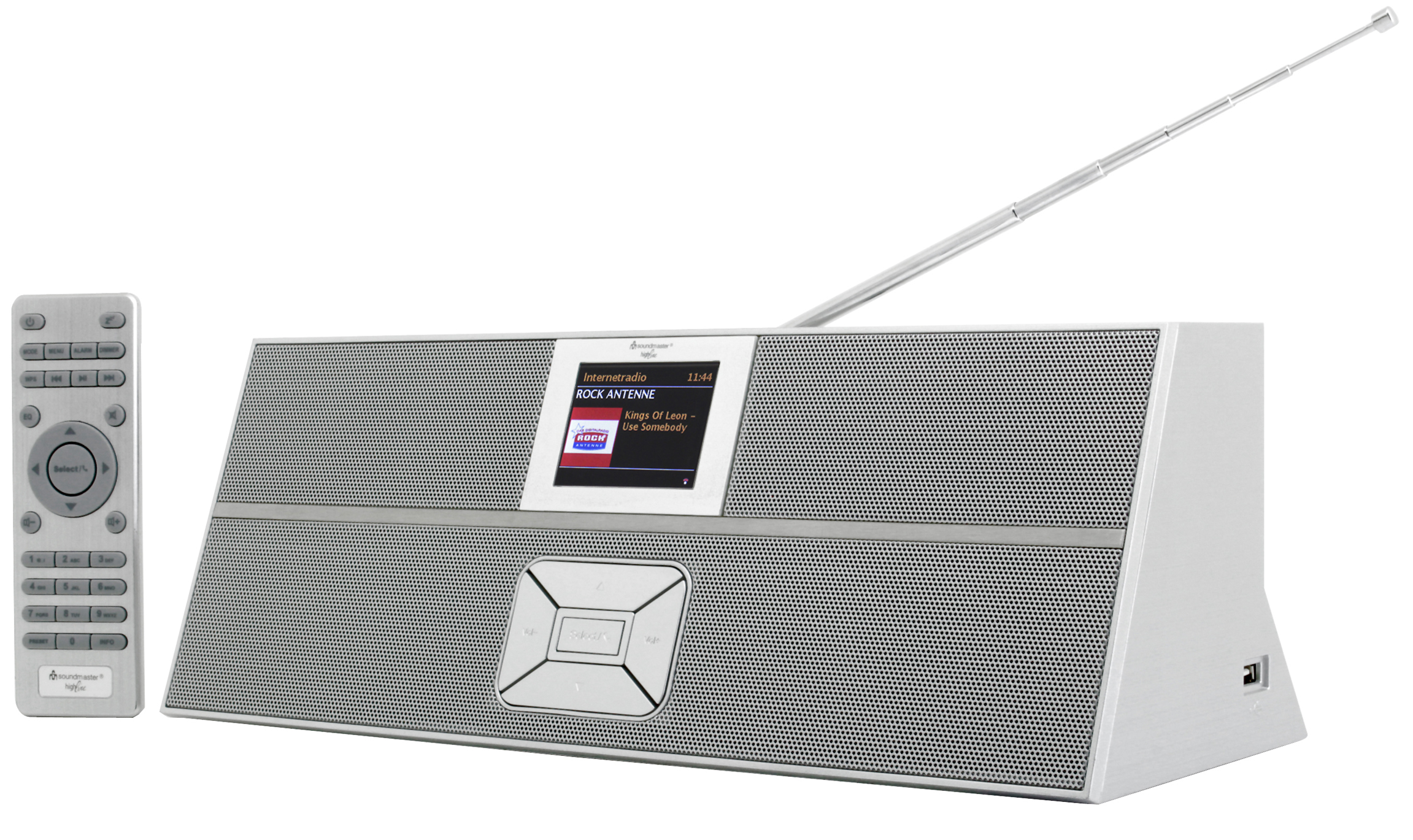 Ein weißes und silbernes Radio mit Fernbedienung und Display mit Text.
