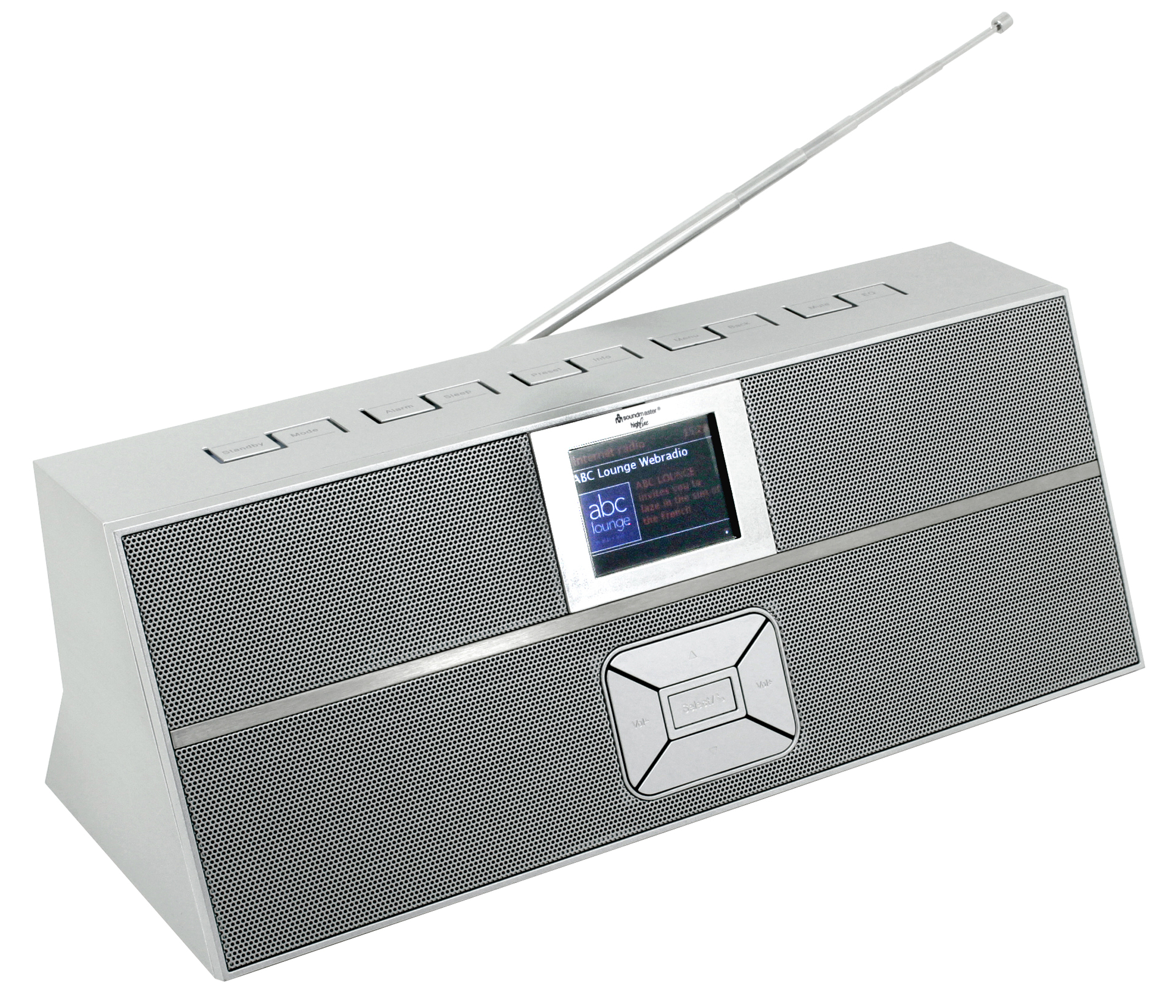 Silbernes Radio mit Antenne und kleinem Bildschirm, der Informationen anzeigt. Es hat Knöpfe und einen Lautsprecher.