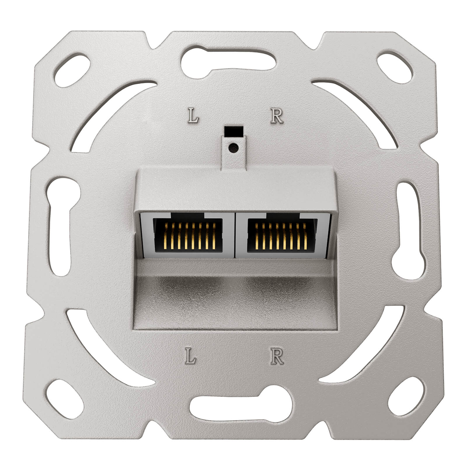 Ein grauer Ethernet-Anschluss mit zwei RJ45-Buchsen und goldenen Kontakten.