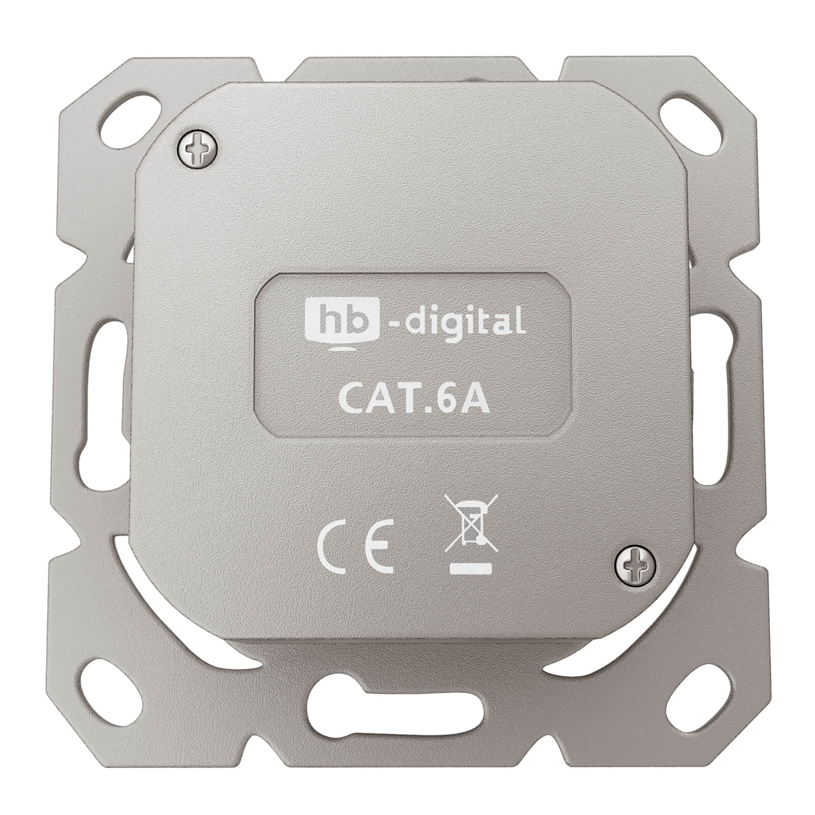 Graues CAT.6A Netzwerkmodul mit "hb-digital" Logo und CE-Zeichen.