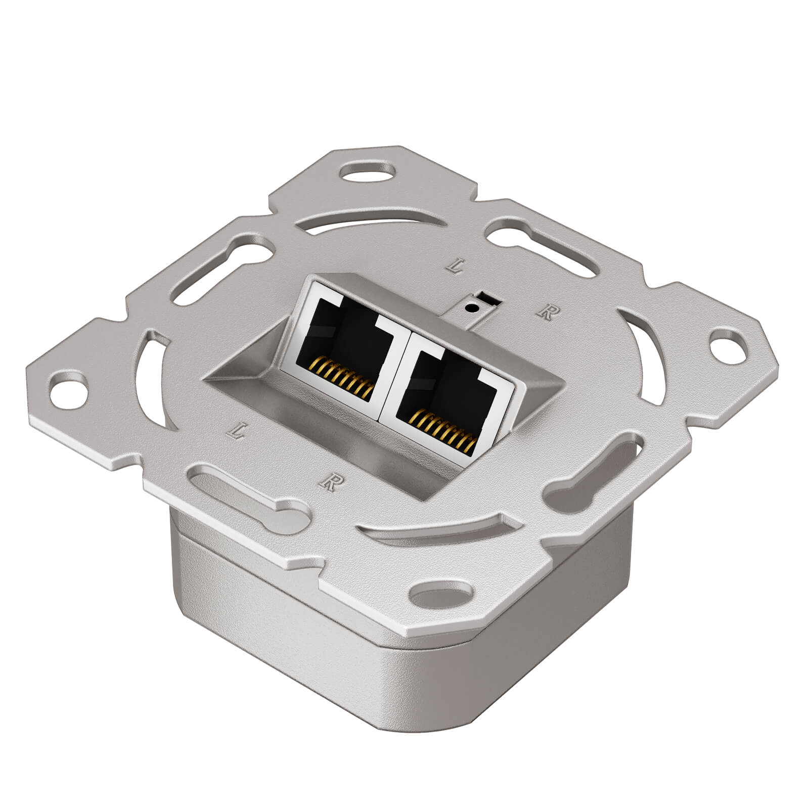 Ein silberner Netzwerkanschluss mit zwei RJ45-Buchsen und goldenen Kontakten.