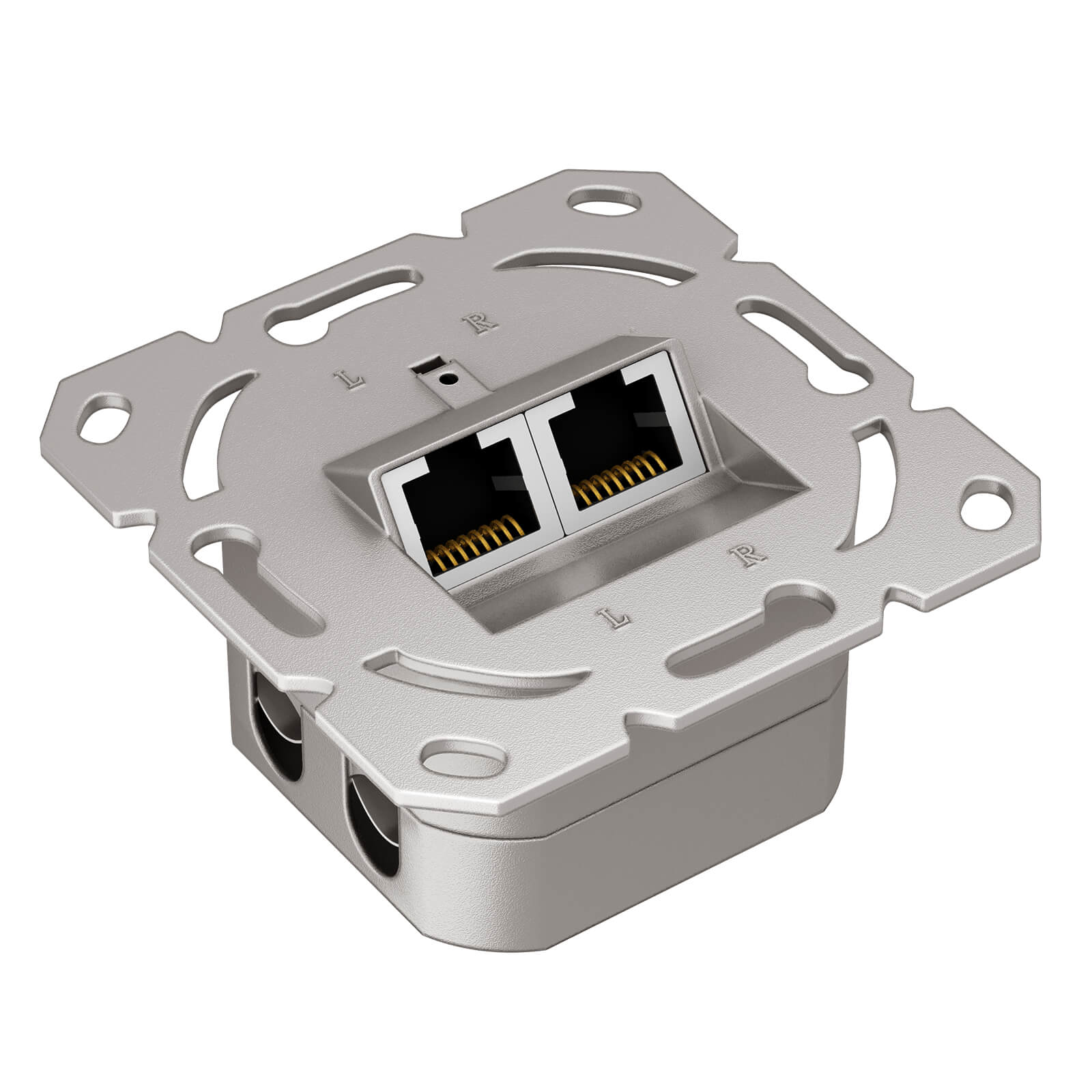 Ein silberner Netzwerkanschluss mit zwei RJ45-Buchsen und goldfarbenen Kontakten.