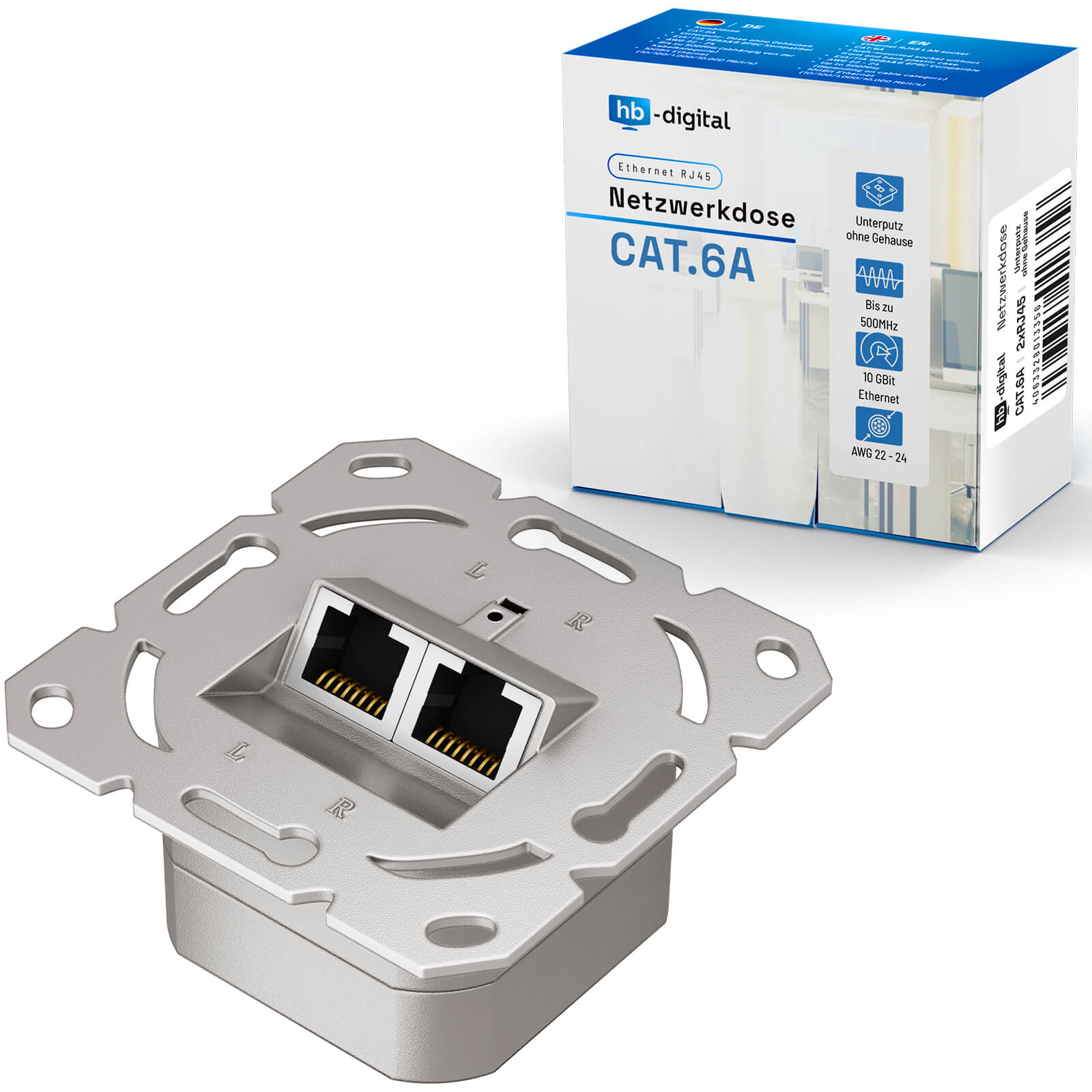 Eine Netzwerkdose CAT.6A mit zwei RJ45-Anschlüssen und Verpackung.
