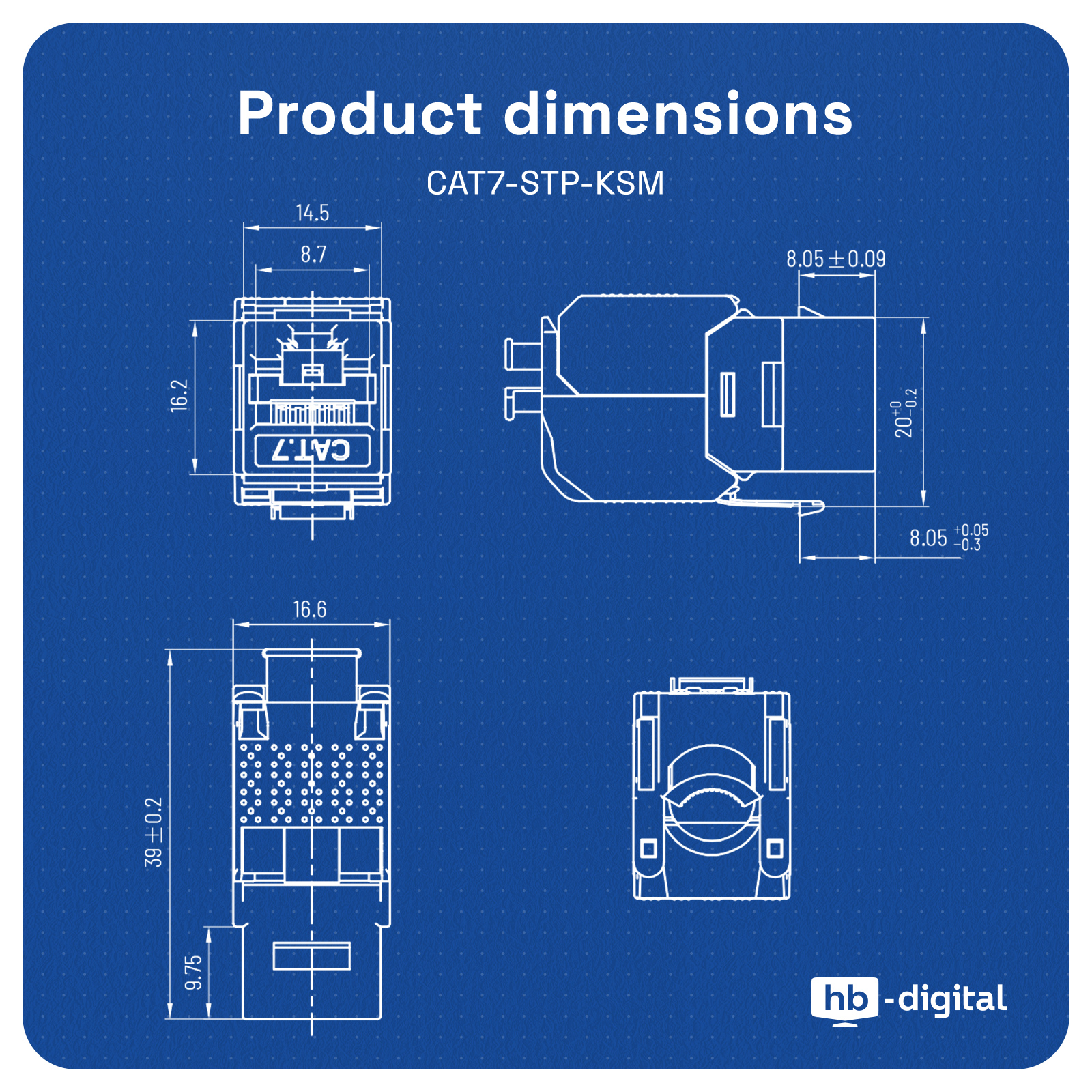 Technische Zeichnung eines CAT7-STP-KSM-Steckers. Enthält Abmessungen und Ansichten.