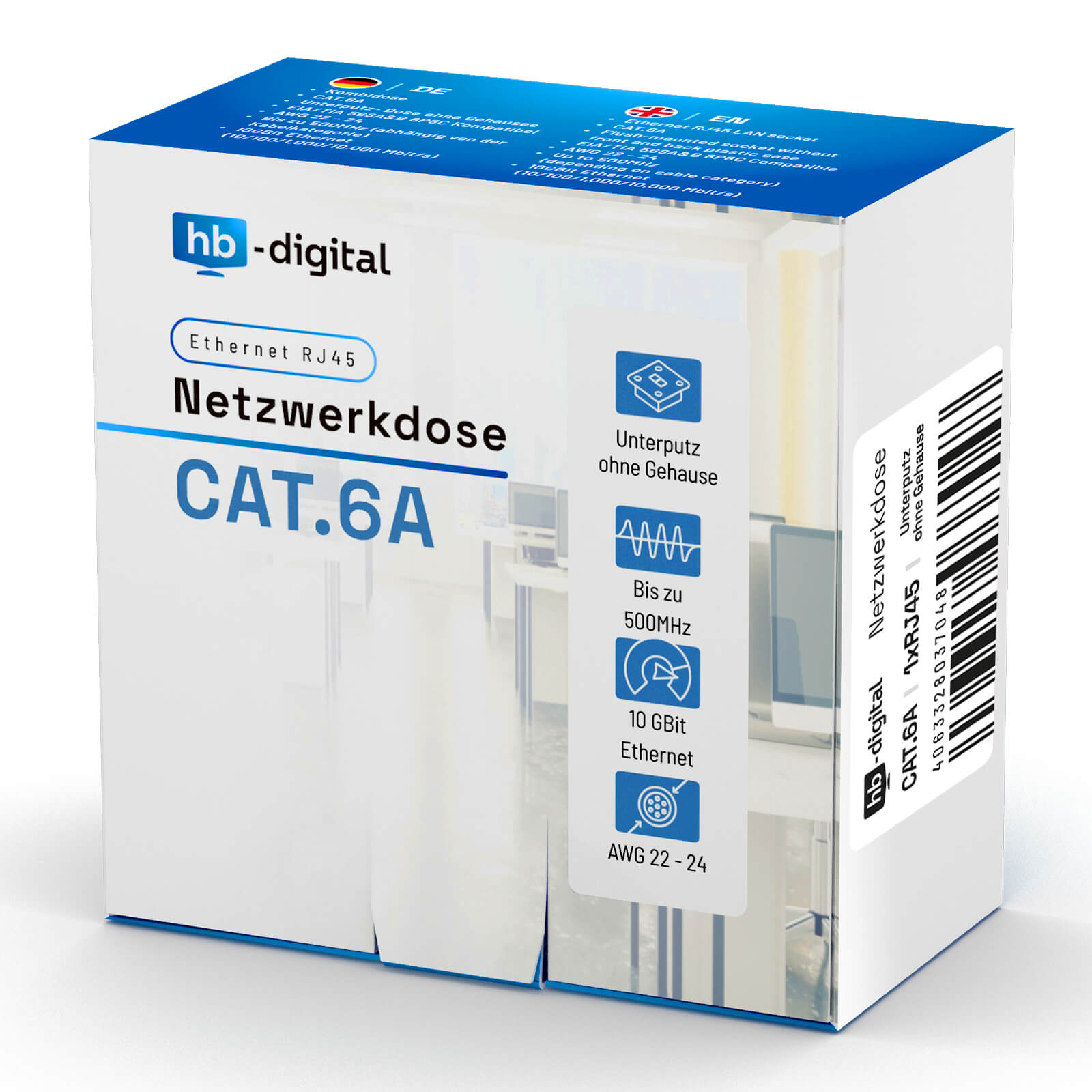 Verpackung für eine CAT.6A Netzwerkdose, Unterputz, ohne Gehäuse.