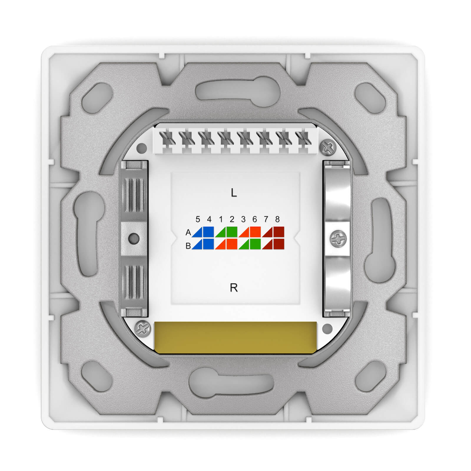 Weiße Steckdose mit quadratischem Design. Drähte sind angeschlossen. Farbige Indikatoren. Weißer Hintergrund.
