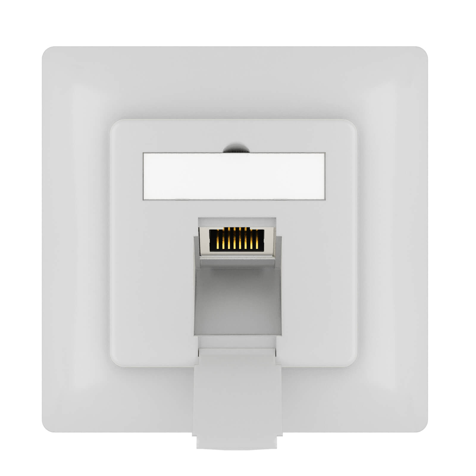 Ein weißes, quadratisches Netzwerkgerät mit Ethernet-Anschluss. Ein weißes Rechteck befindet sich unter dem Anschluss.