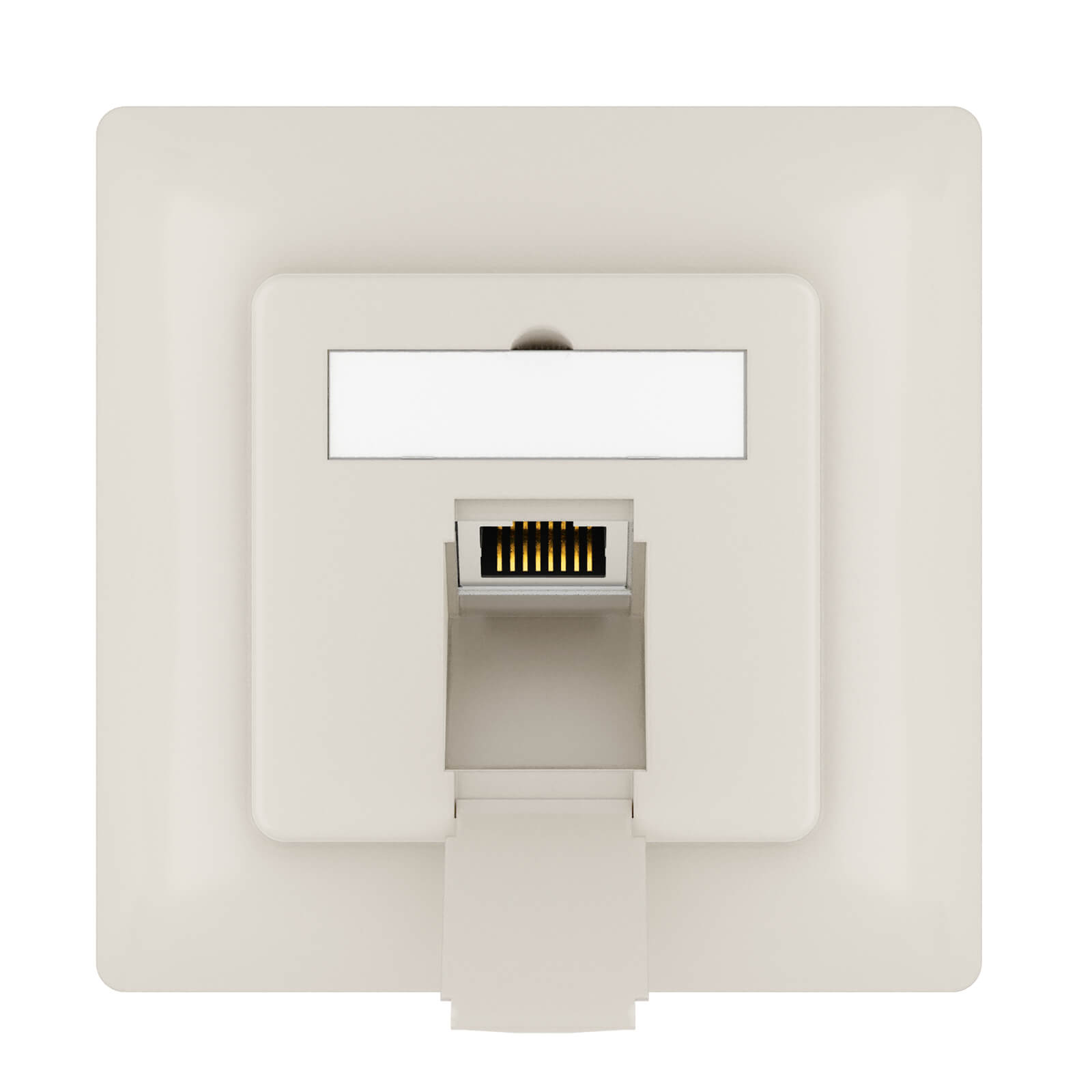 Eine weiße Wandplatte mit einem Ethernet-Anschluss und einer leeren Beschriftungsleiste.