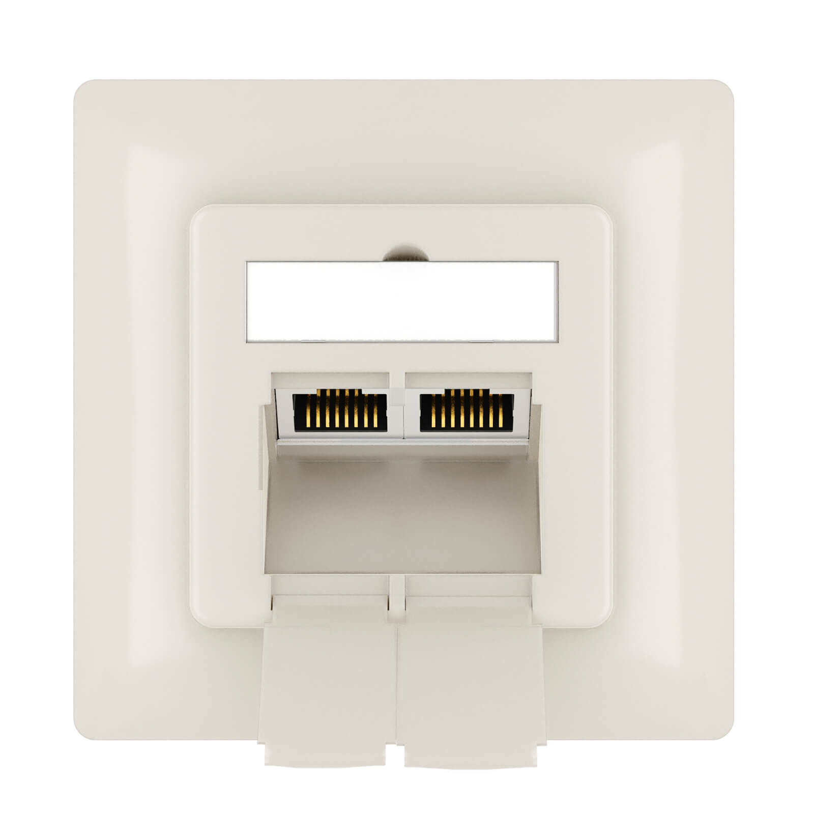 Ein weißes Netzwerk-Wandpanel mit zwei offenen RJ45-Anschlüssen und Schutzklappen.