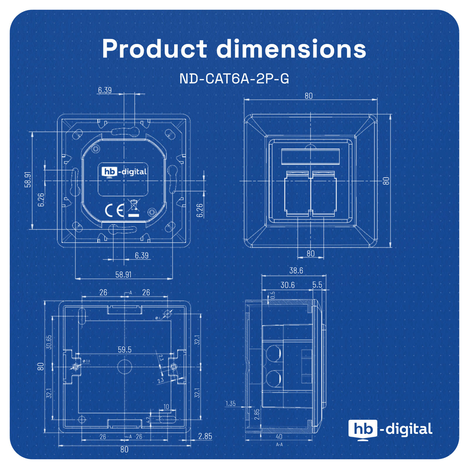 Technische Zeichnung der Produktabmessungen für ND-CAT6A-2P-G mit Bemaßungen.