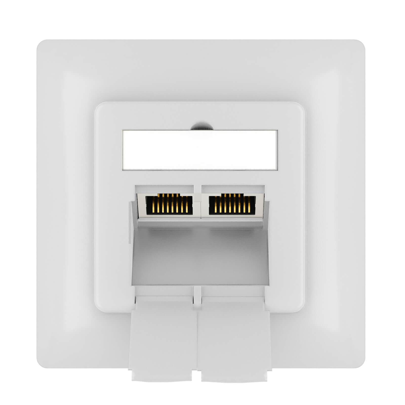 Weiße rechteckige Wandplatte mit Anschlüssen. Zwei Ethernet-Ports.